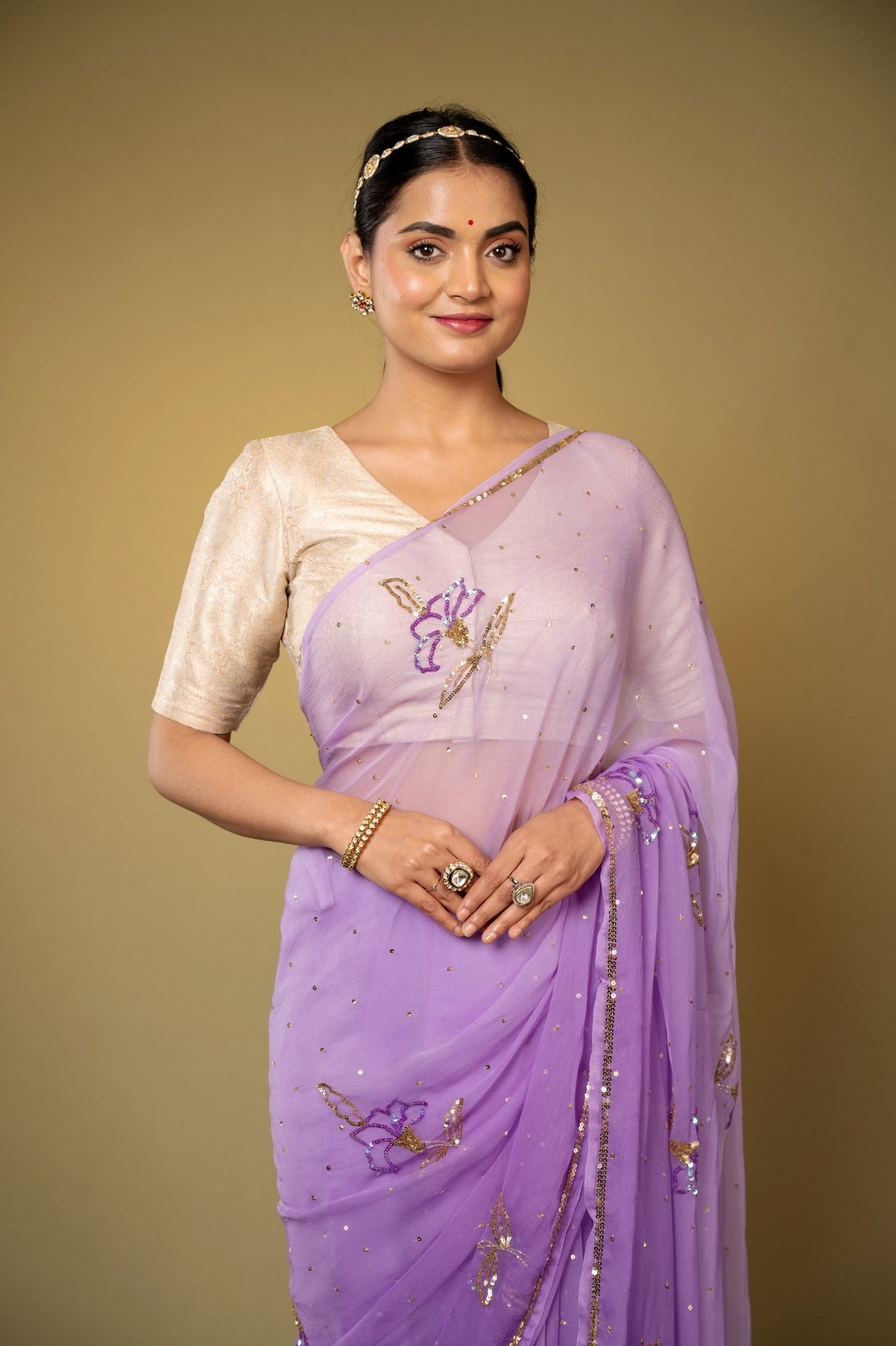 Lavender Viscose Chiffon sequins handwork party wear saree