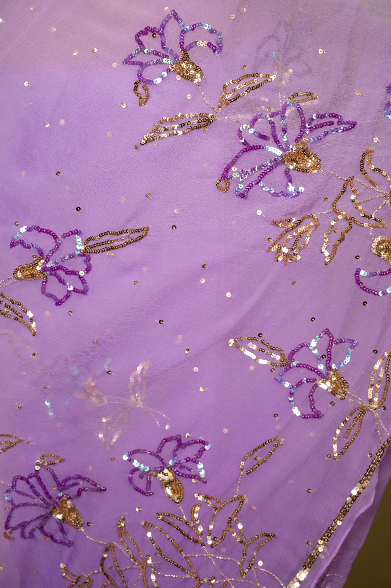 Lavender Viscose Chiffon sequins handwork party wear saree