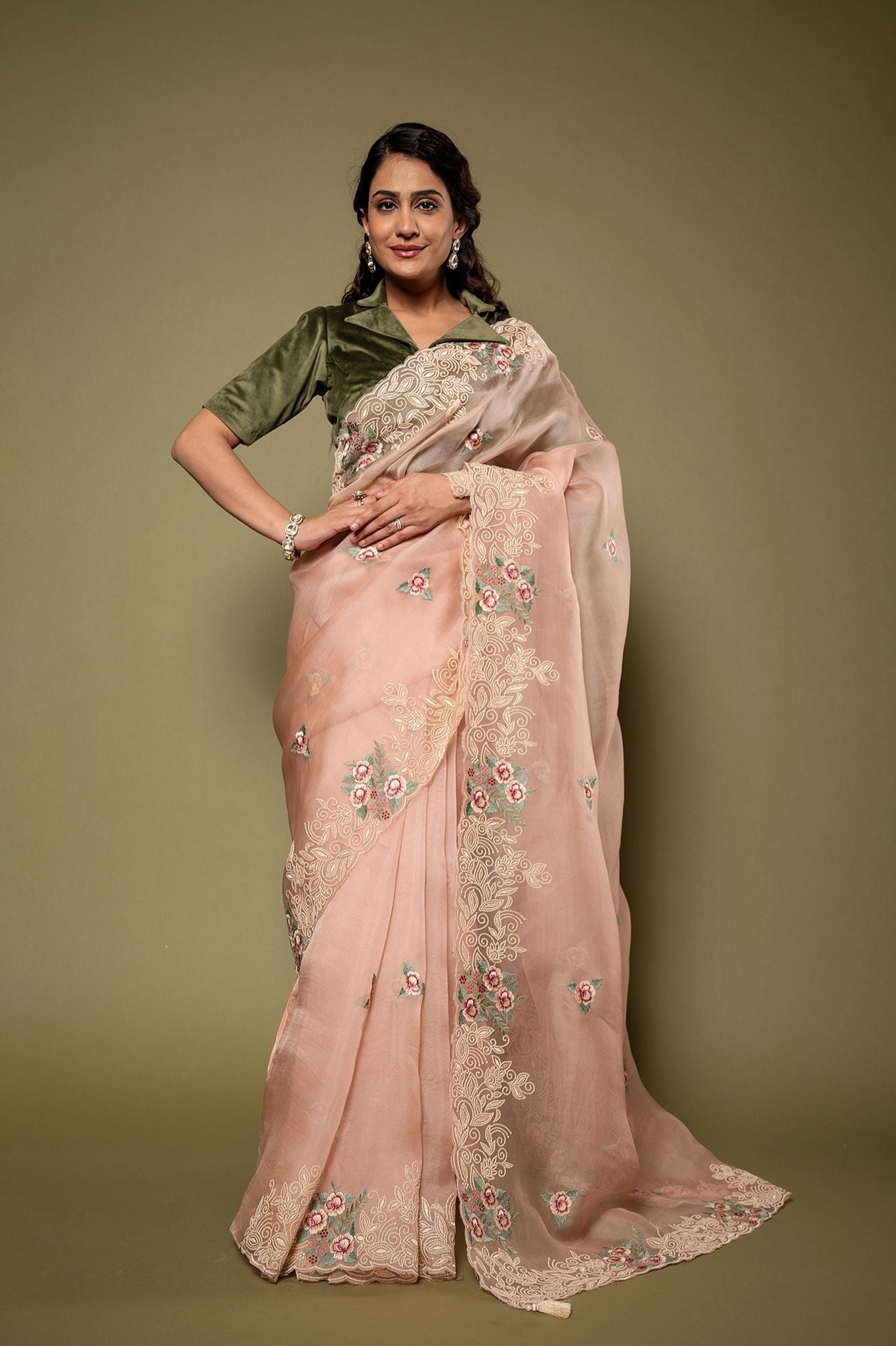 Peach Organza resham border butti Handwork saree