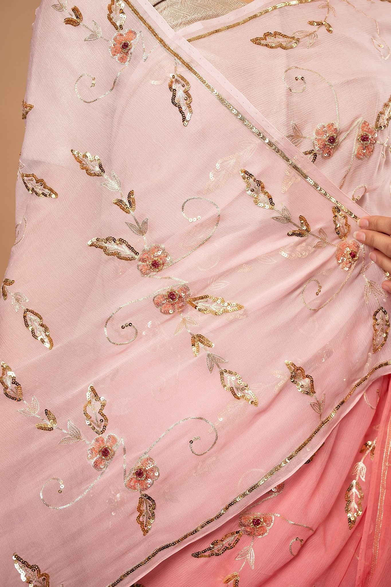 Peach light dark Pure Chiffon Aari sequins jaal handwork saree