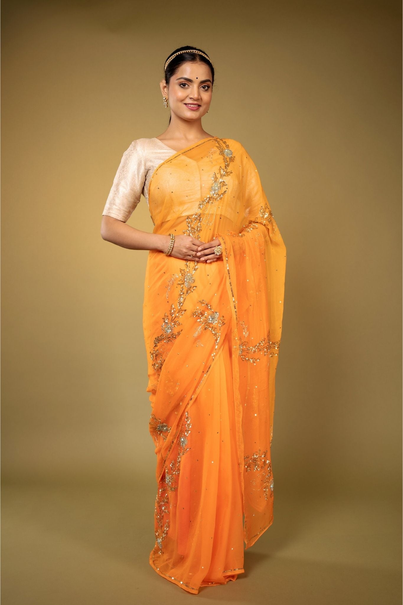 Orange light dark Viscose Chiffon aari sequins handwork party wear saree