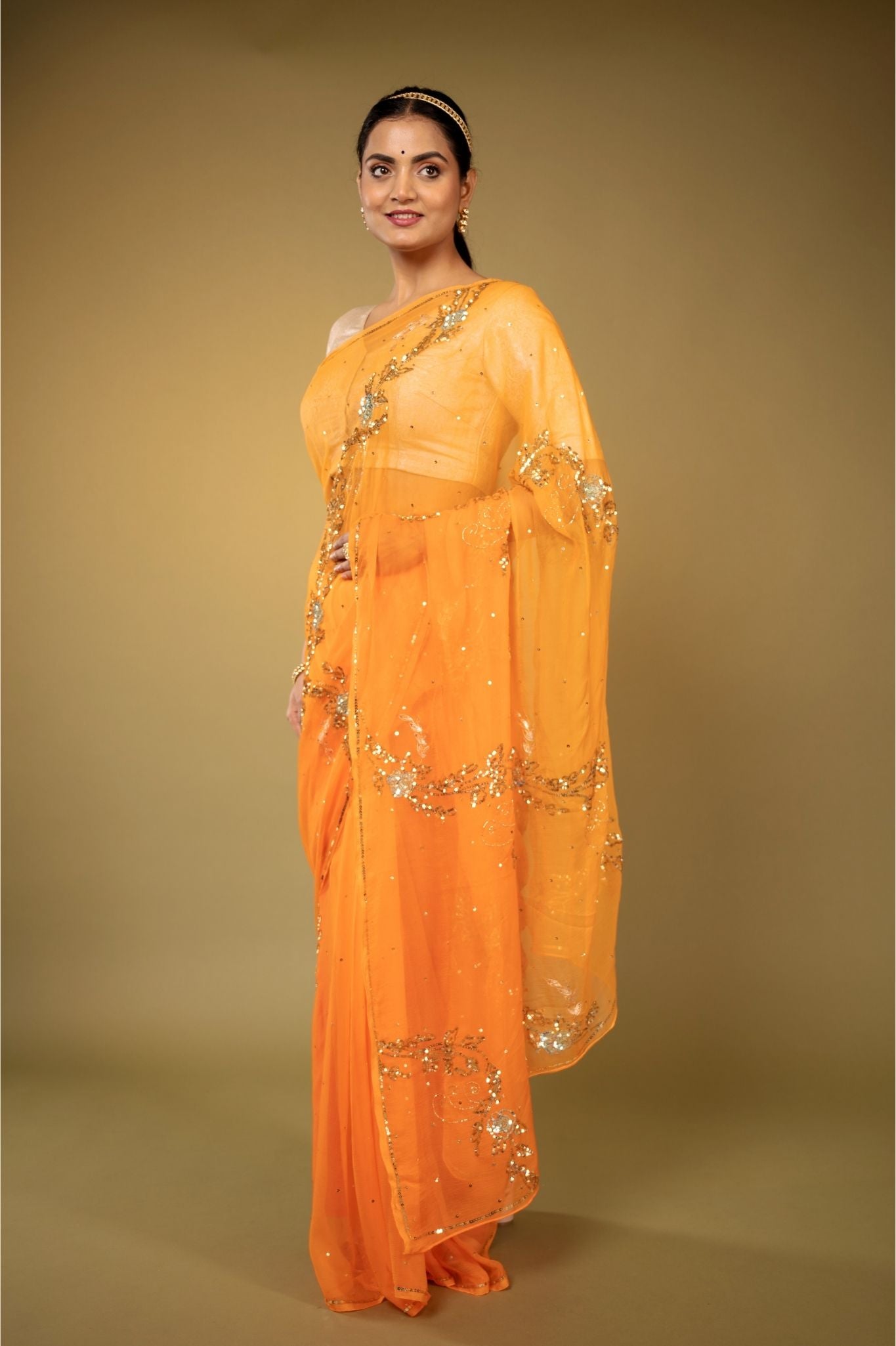 Orange light dark Viscose Chiffon aari sequins handwork party wear saree