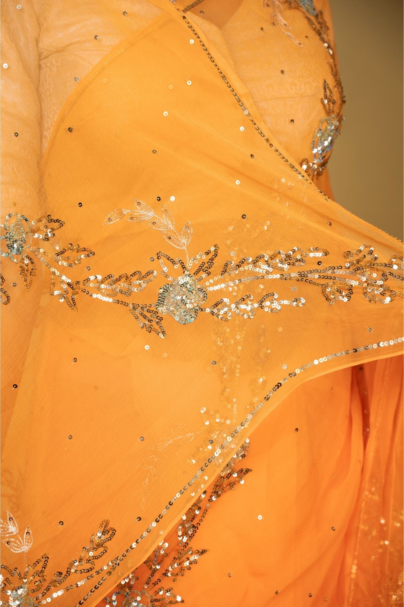 Orange light dark Viscose Chiffon aari sequins handwork party wear saree