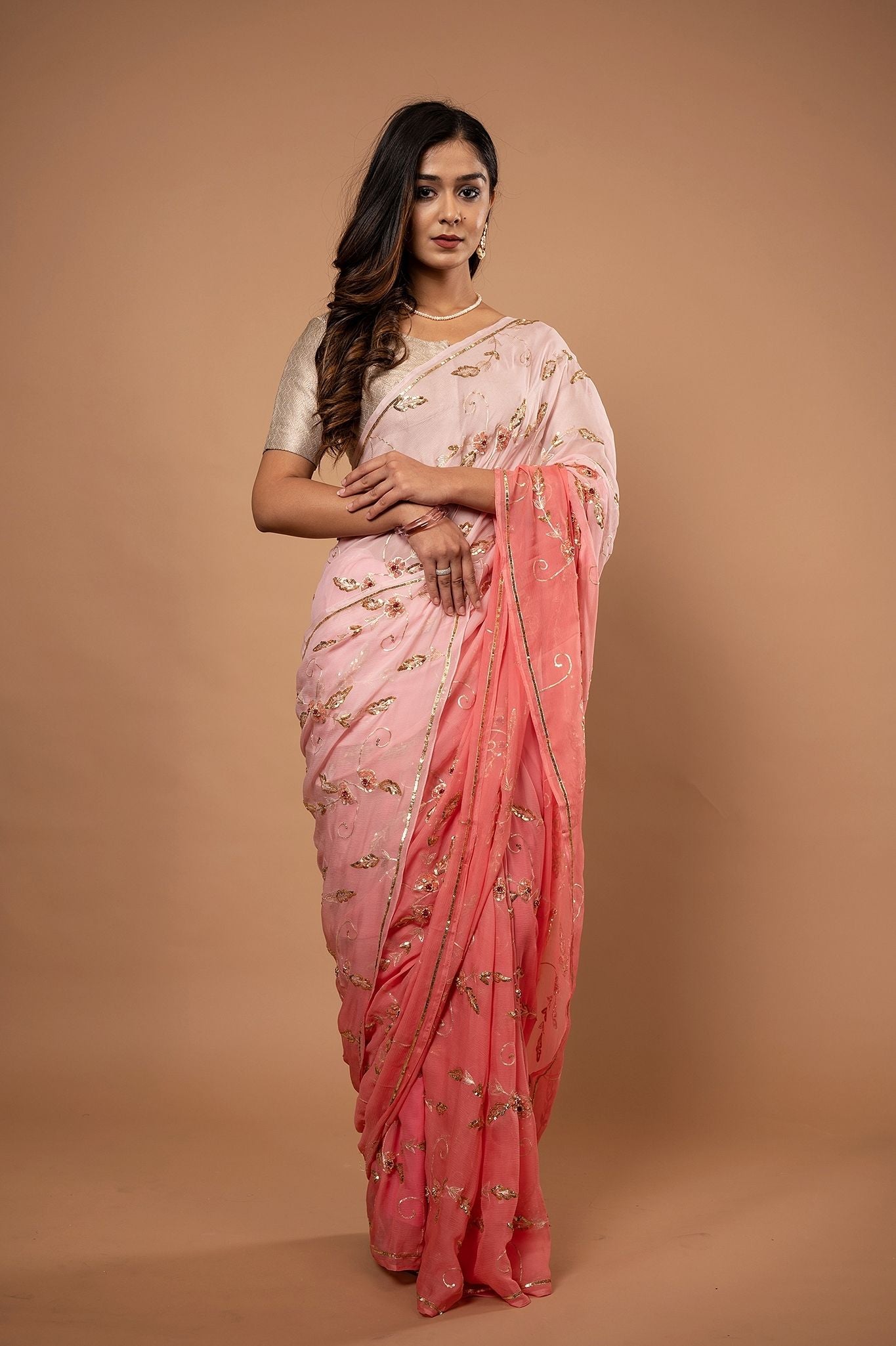 Peach light dark Pure Chiffon Aari sequins jaal handwork saree