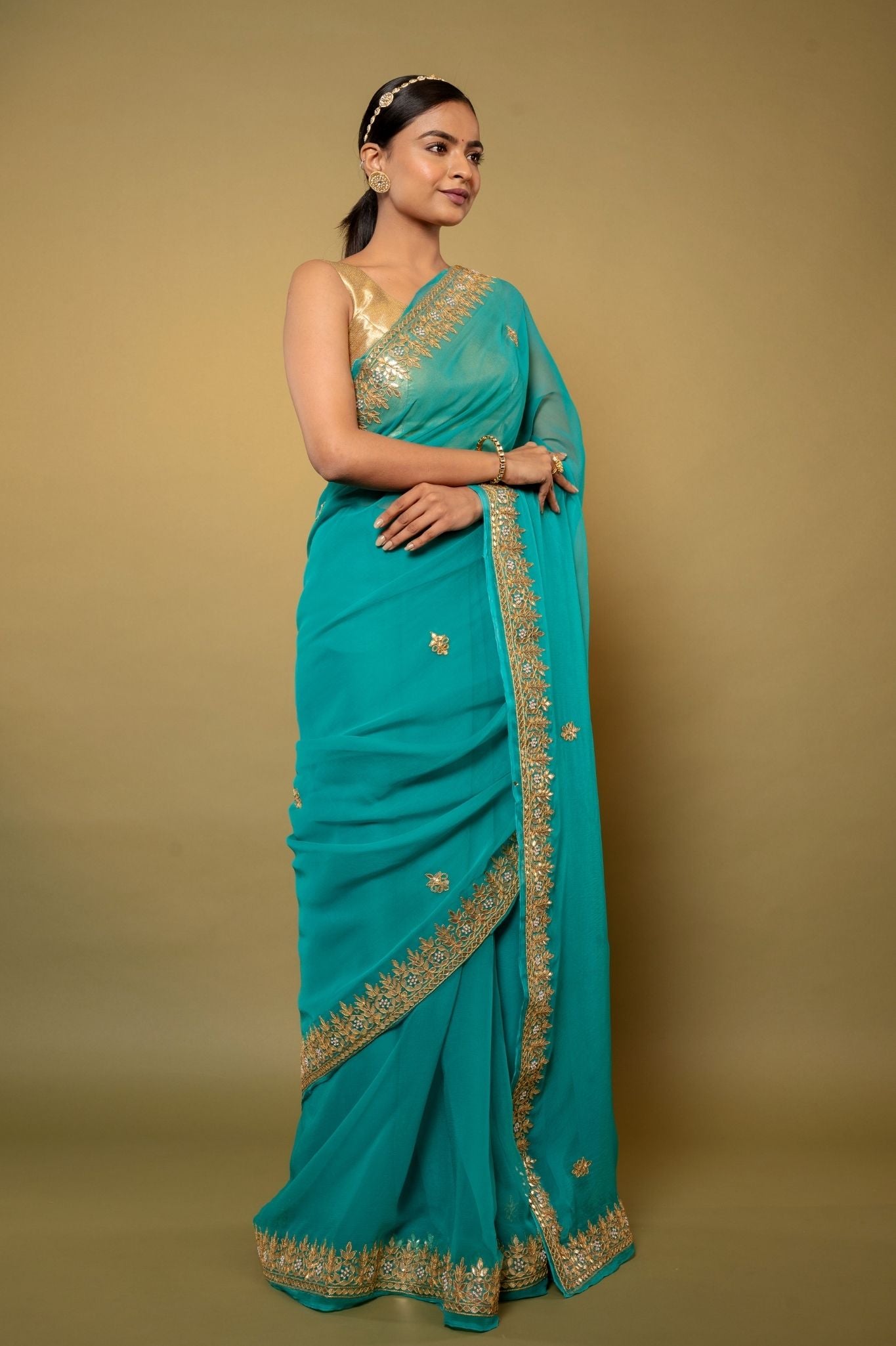 Turquoise Viscose Chiffon gota pati border butti handwork party wear saree