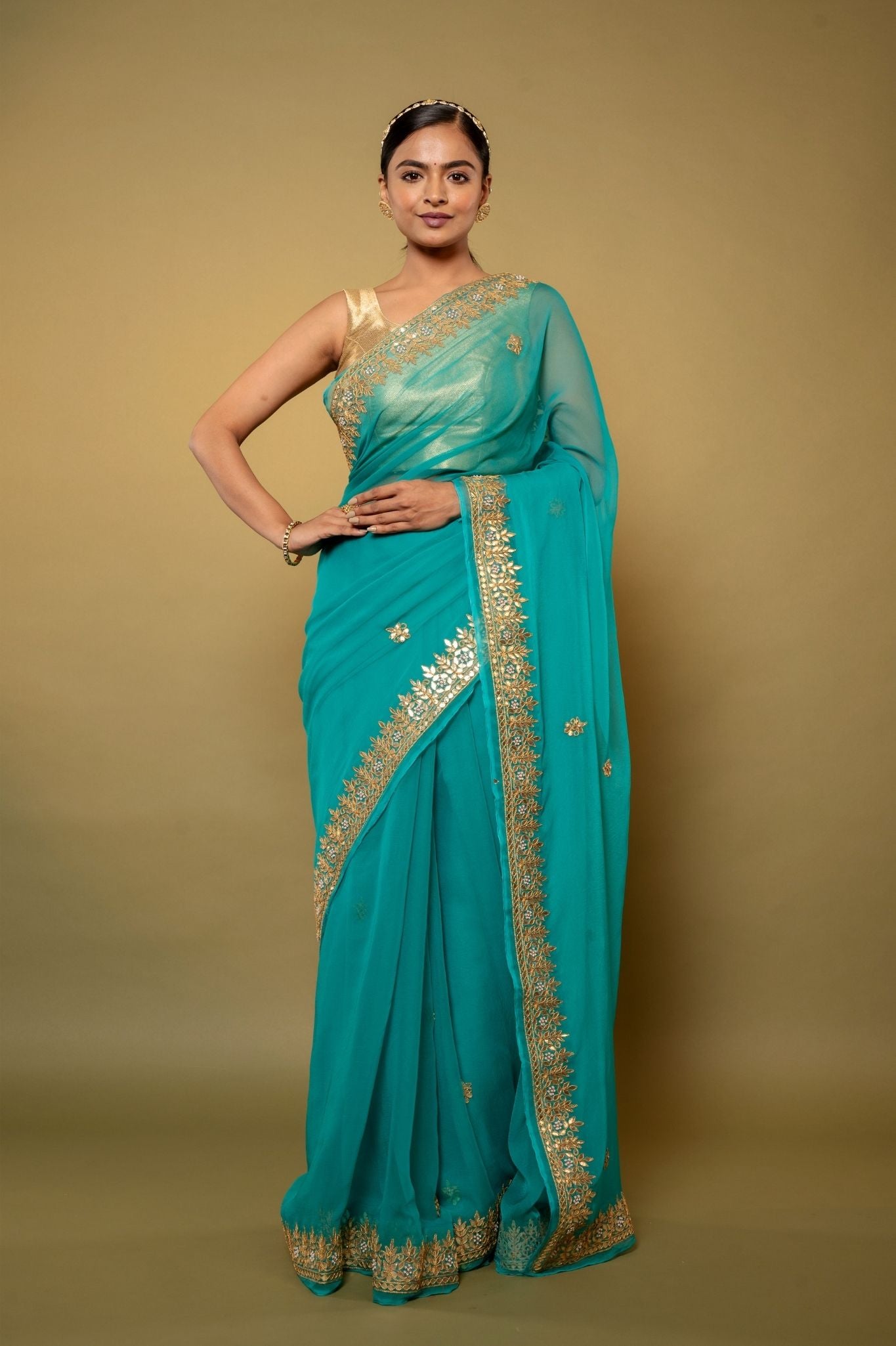 Turquoise Viscose Chiffon gota pati border butti handwork party wear saree