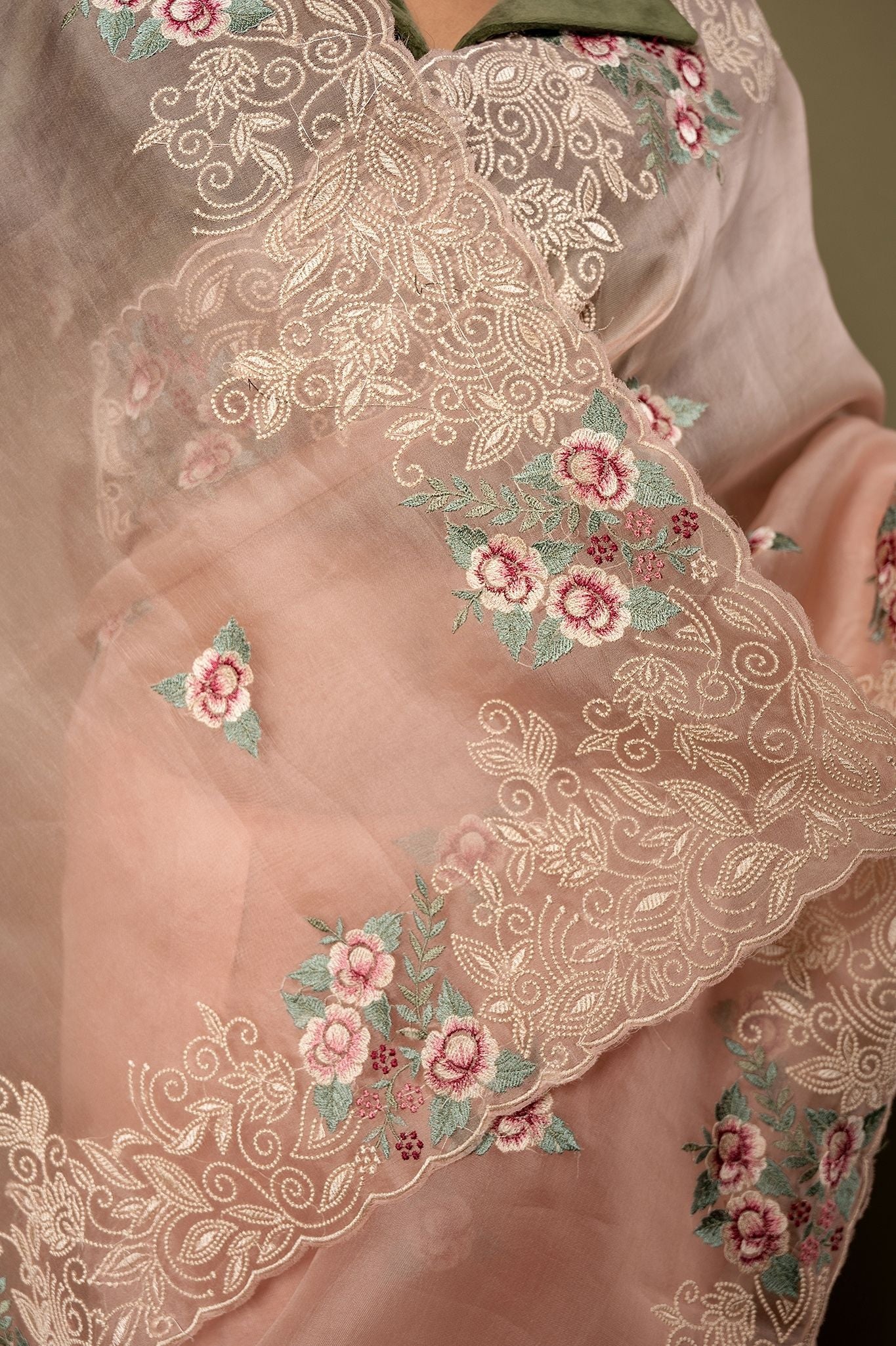 Peach Organza resham border butti Handwork saree