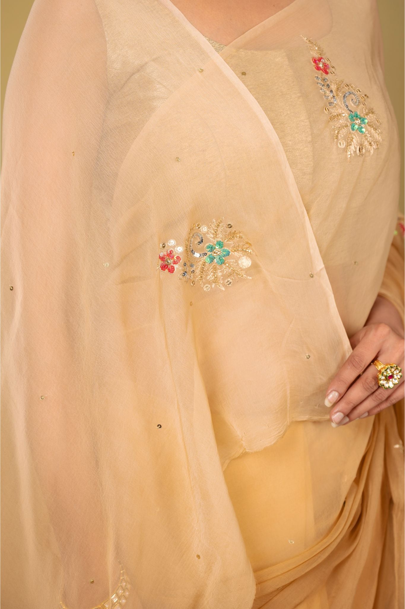 Chikku Light brown viscose chiffon aari sequins handwork casual wear saree