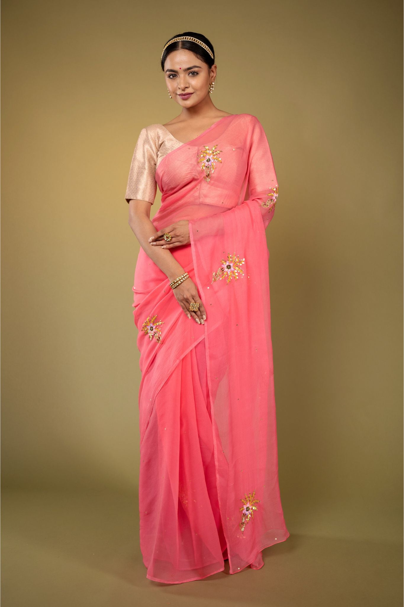 Soft pink viscose chiffon aari sequins handwork casual wear saree