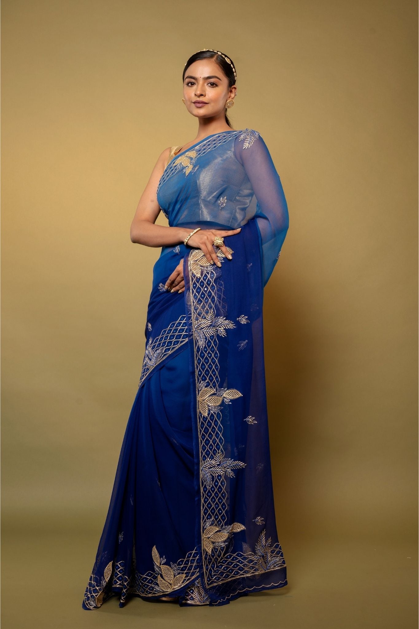 Blue light dark Viscose Chiffon aari kardana border butti handwork party wear saree