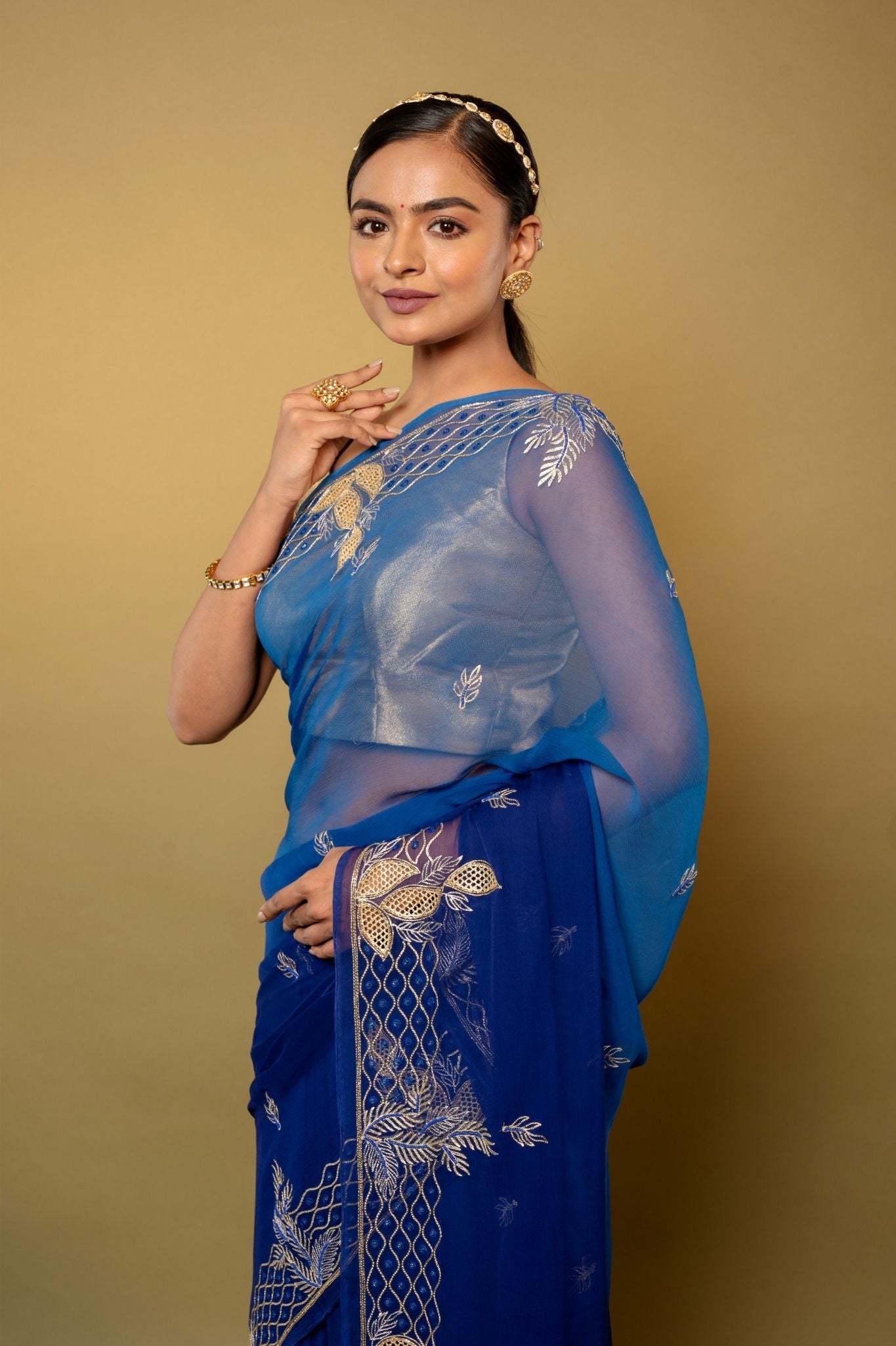 Blue light dark Viscose Chiffon aari kardana border butti handwork party wear saree
