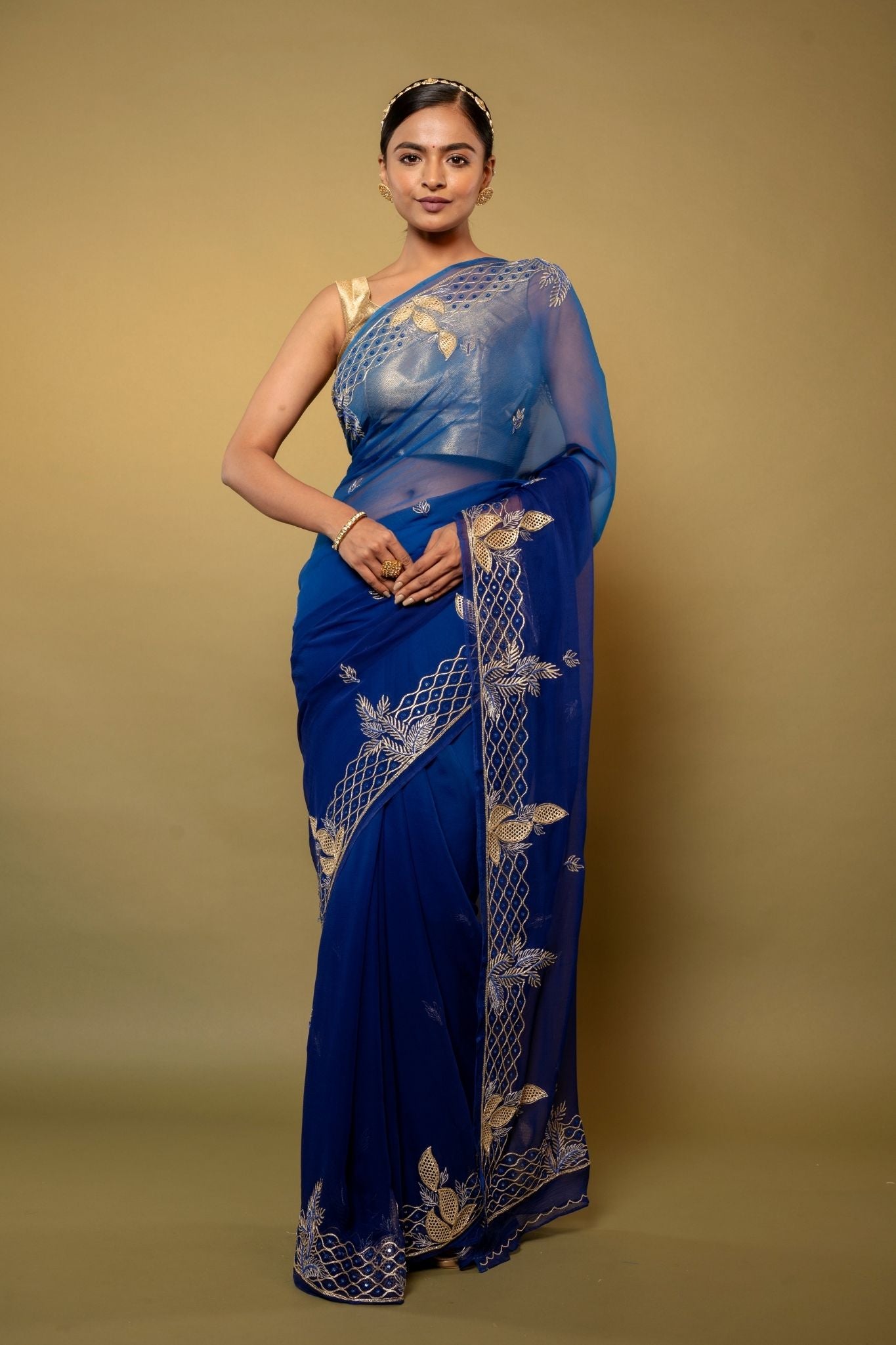 Blue light dark Viscose Chiffon aari kardana border butti handwork party wear saree