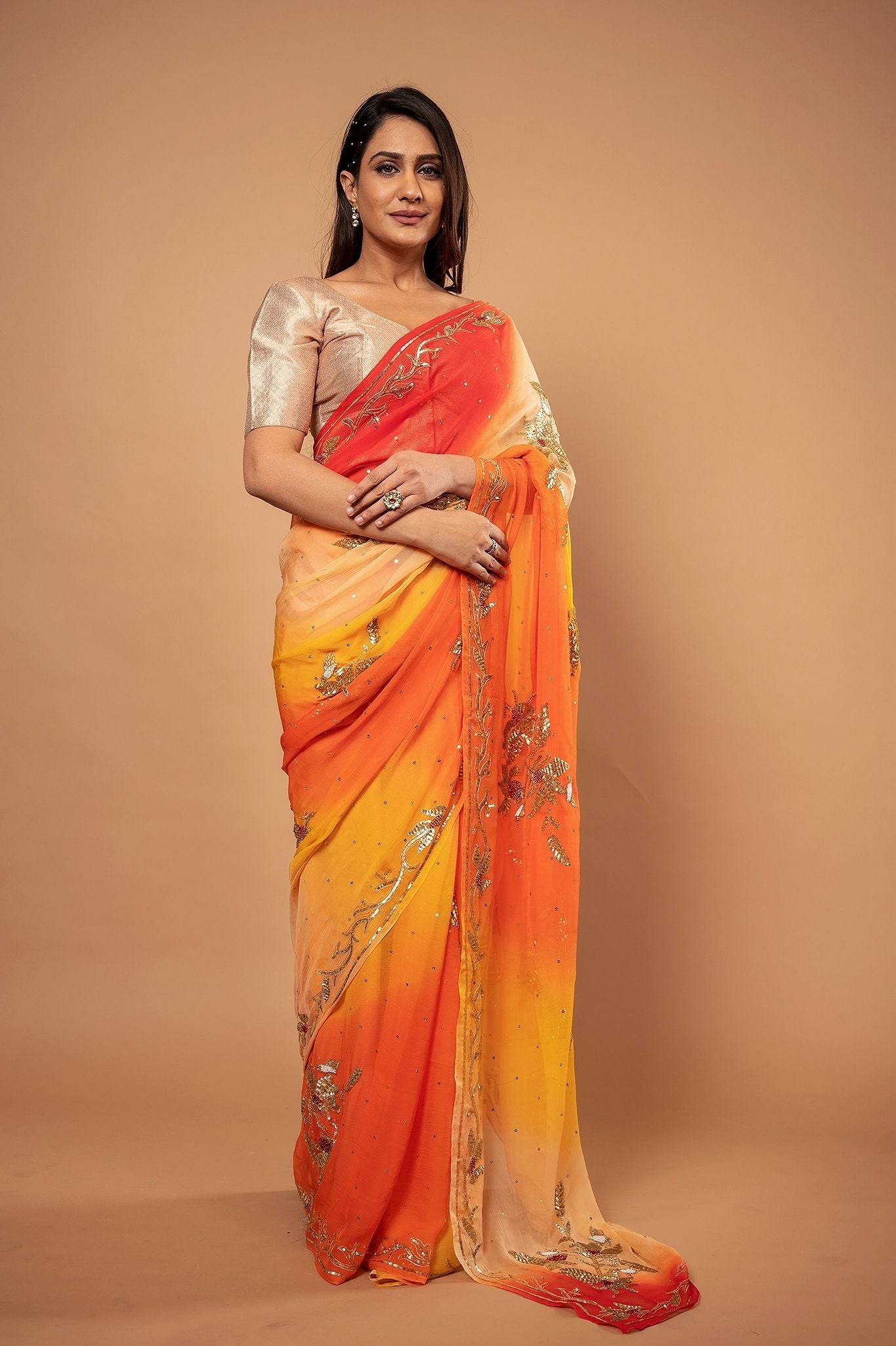 Yellow orange Pure Chiffon Aari sequins Motif handwork saree