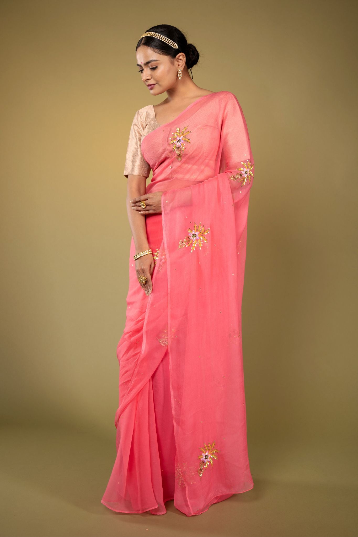 Soft pink viscose chiffon aari sequins handwork casual wear saree