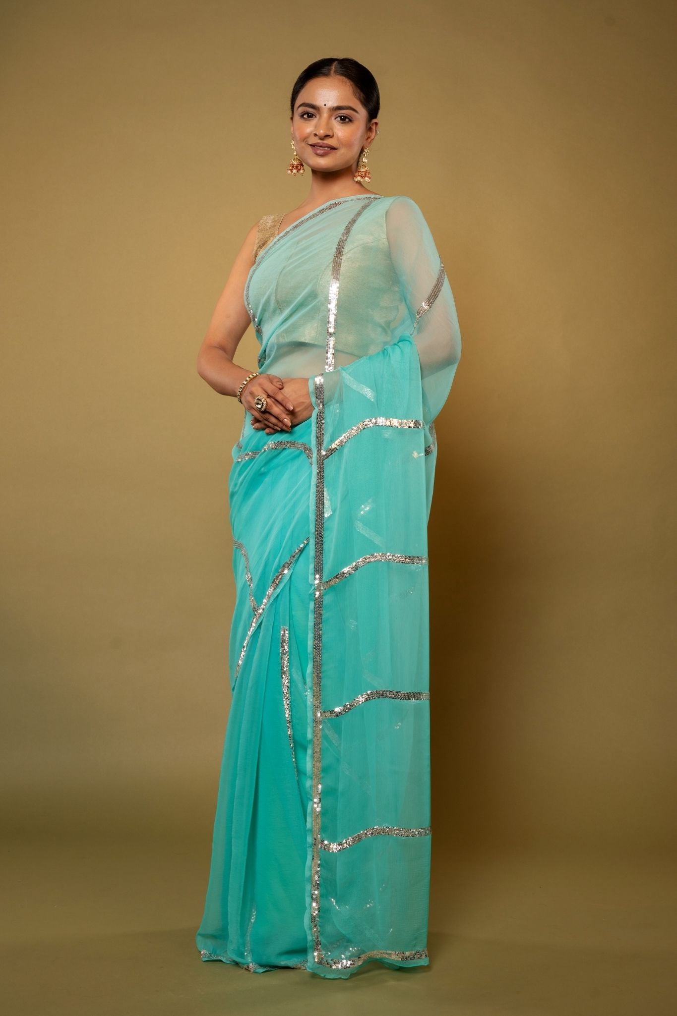 Sky blue Viscose Chiffon sequins handwork party wear saree