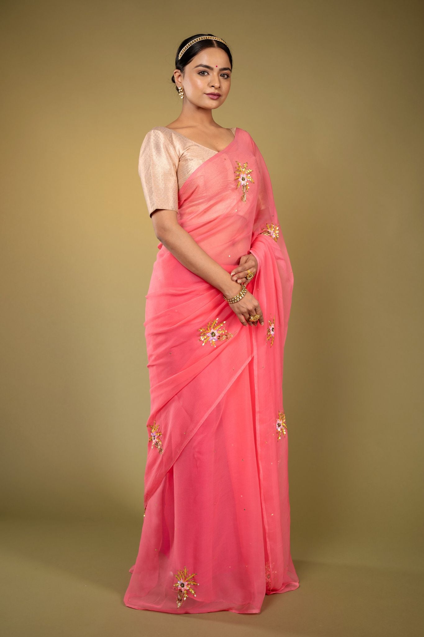 Soft pink viscose chiffon aari sequins handwork casual wear saree