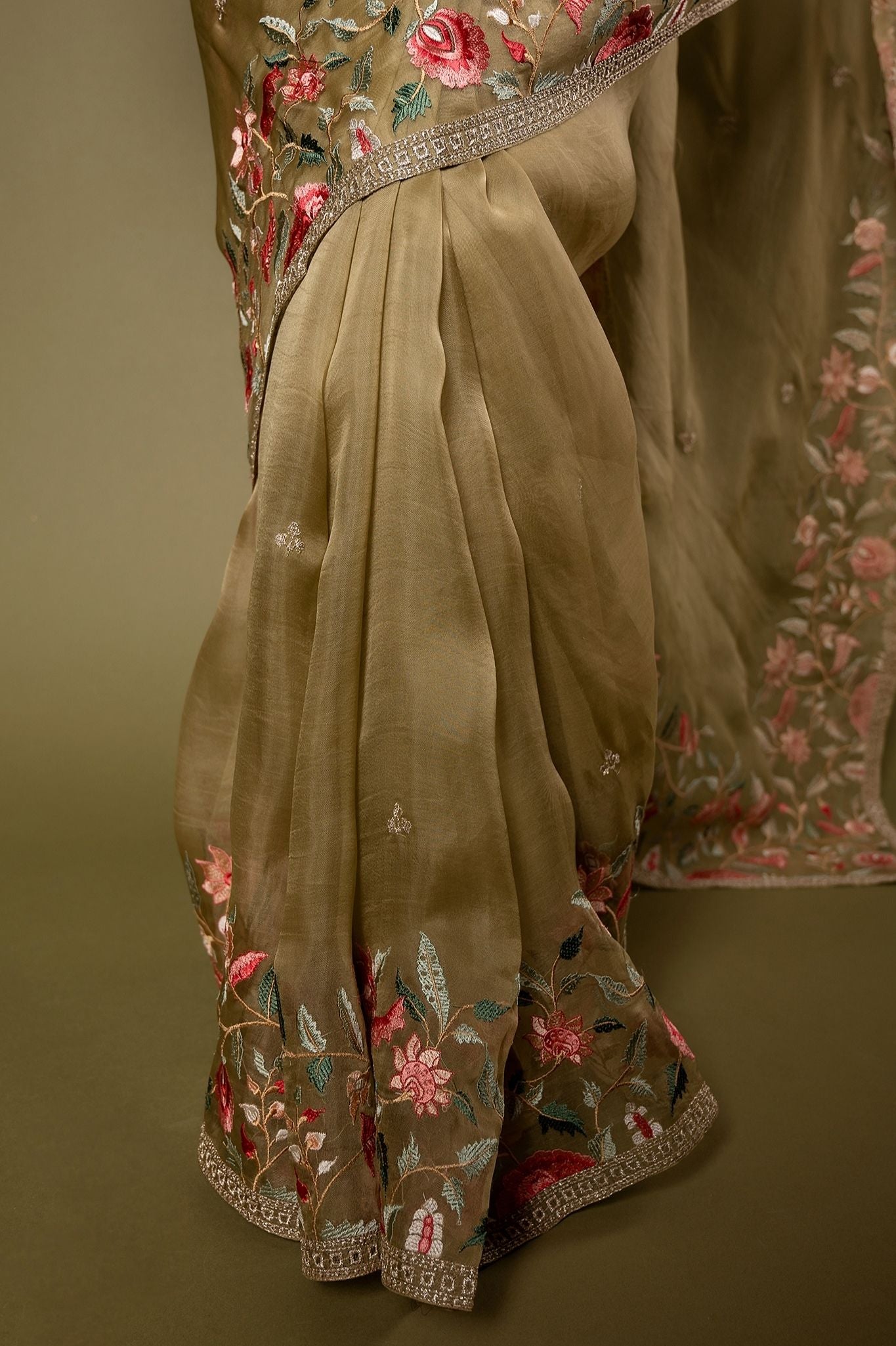 Beige Green Organza resham border butti handwork saree