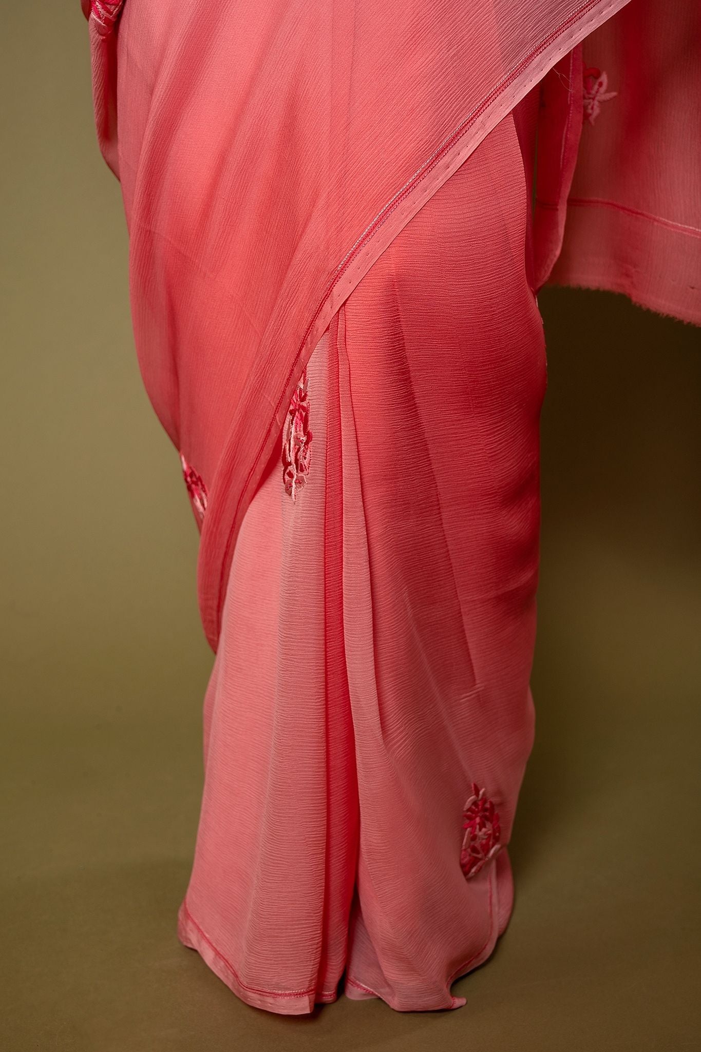 Peach Pink Pure Chiffon Resham Motif handwork saree