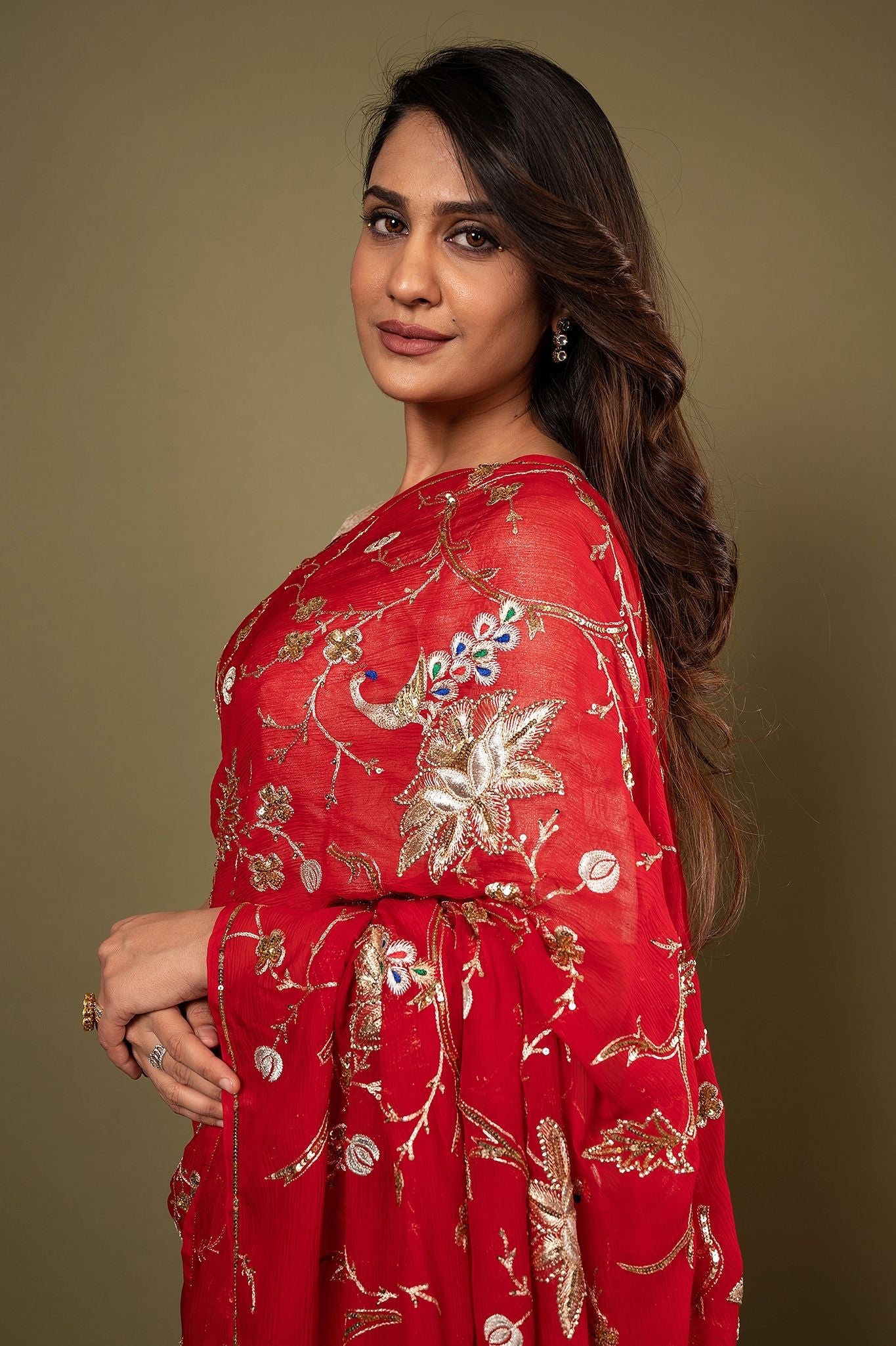 red pure chiffon aari sequins jaal handwork saree