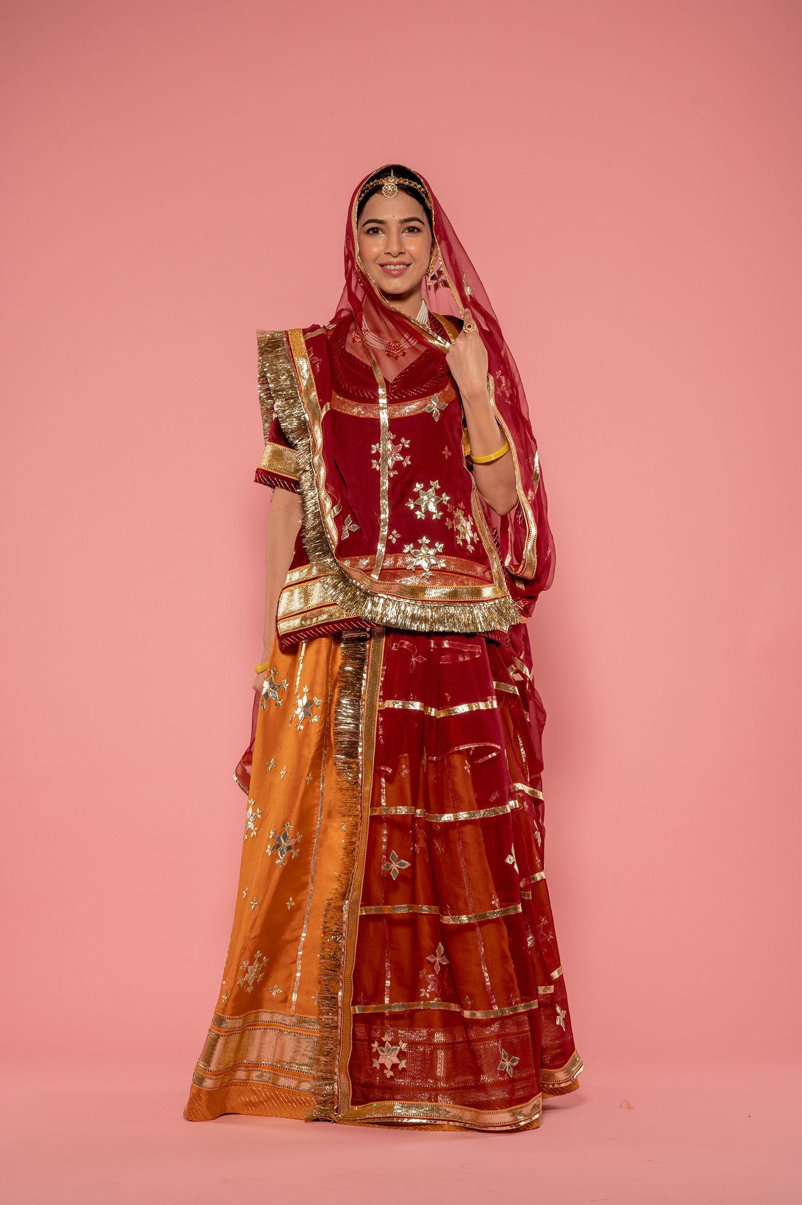 musterd yellow bamber satin gota patti handwork poshak with pure odhna