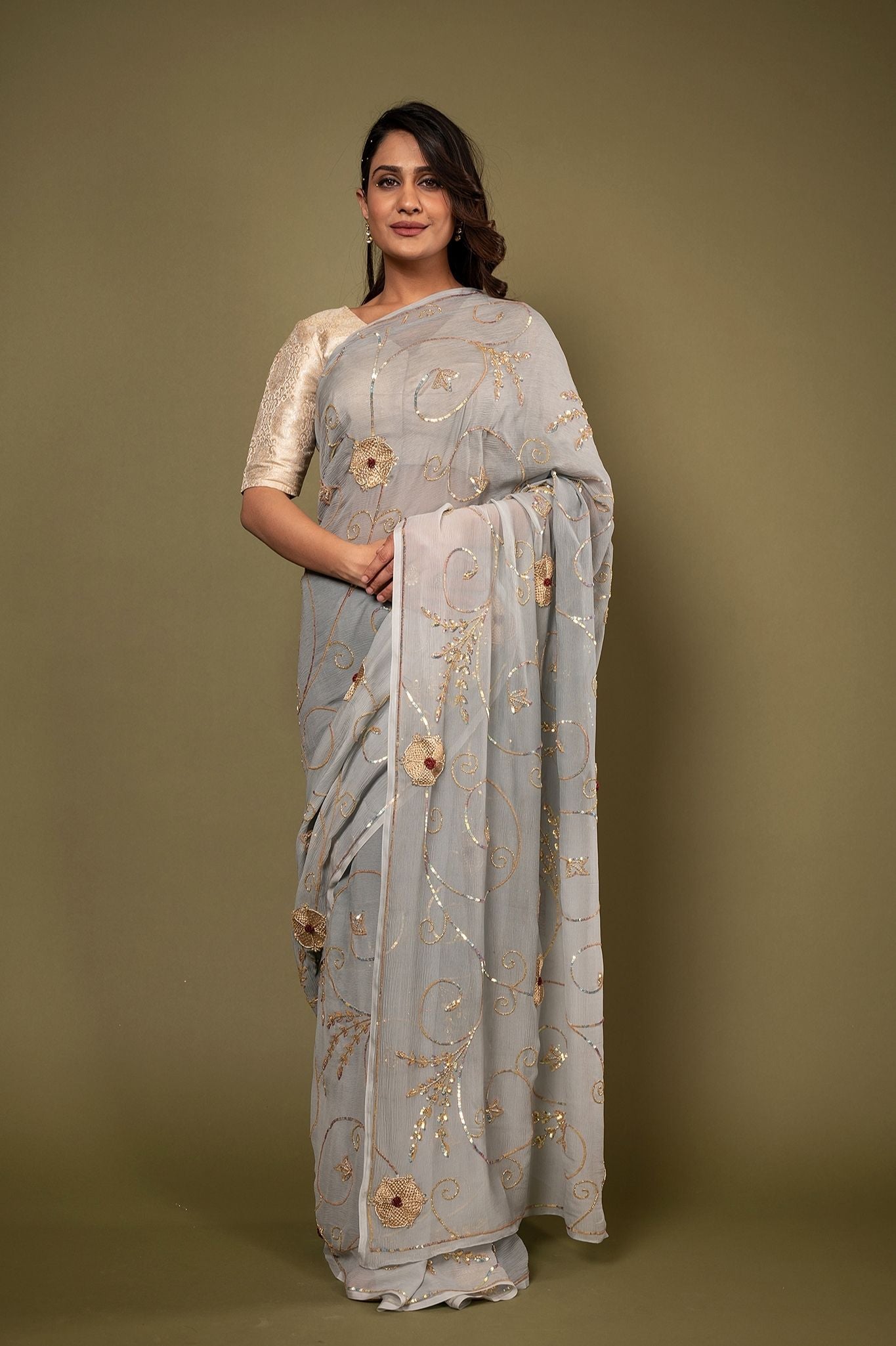 Grey pure chiffon sequins zari jaal handwork saree