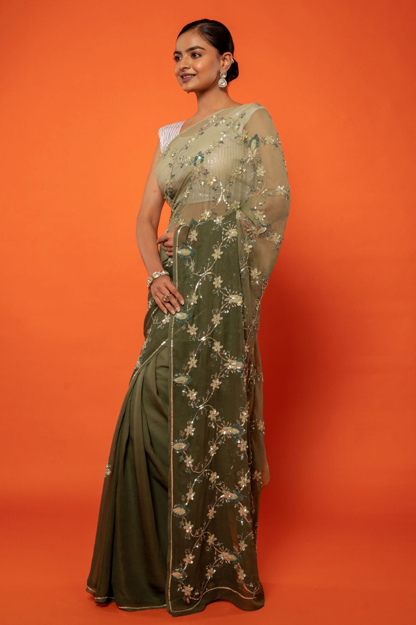 Olive green pure chiffon aari sequins jaal handwork saree