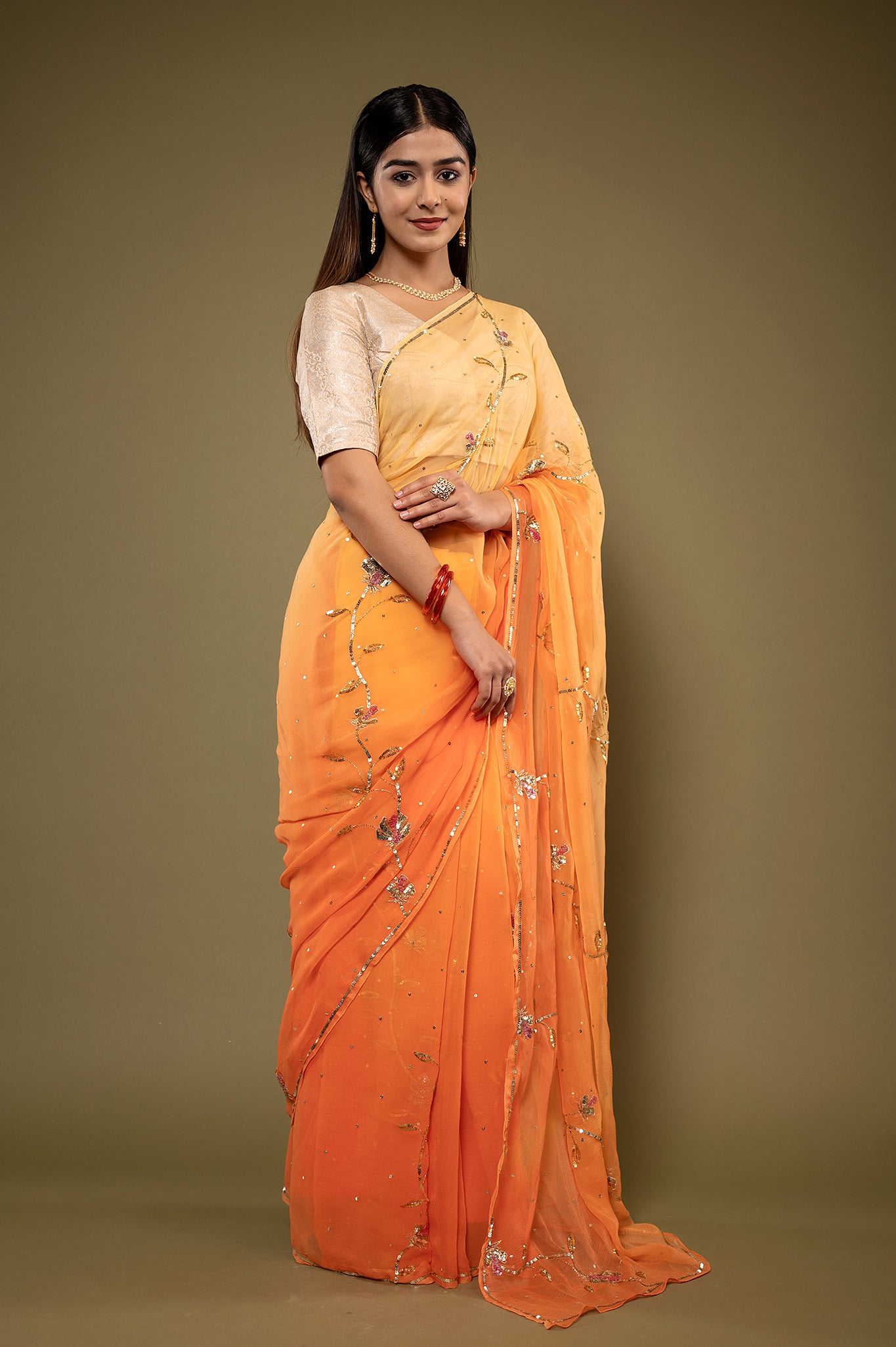 Orange light dark viscose chiffon aari sequins handwork casual wear saree