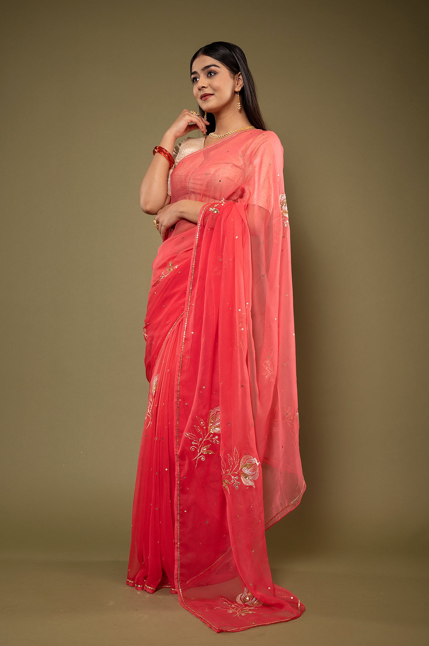 Gajri viscose chiffon aari sequins motifs handwork casual wear saree