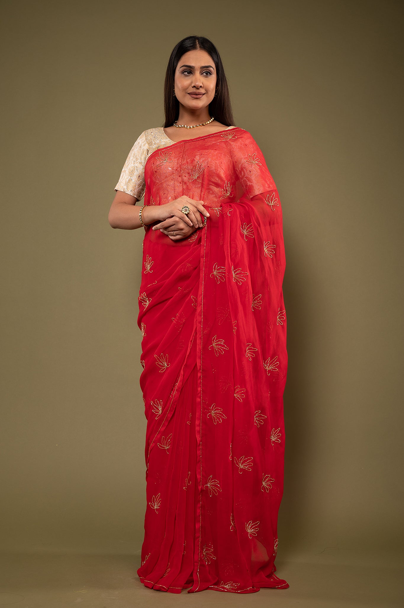 Red viscose chiffon kardana motif handwork casual wear saree