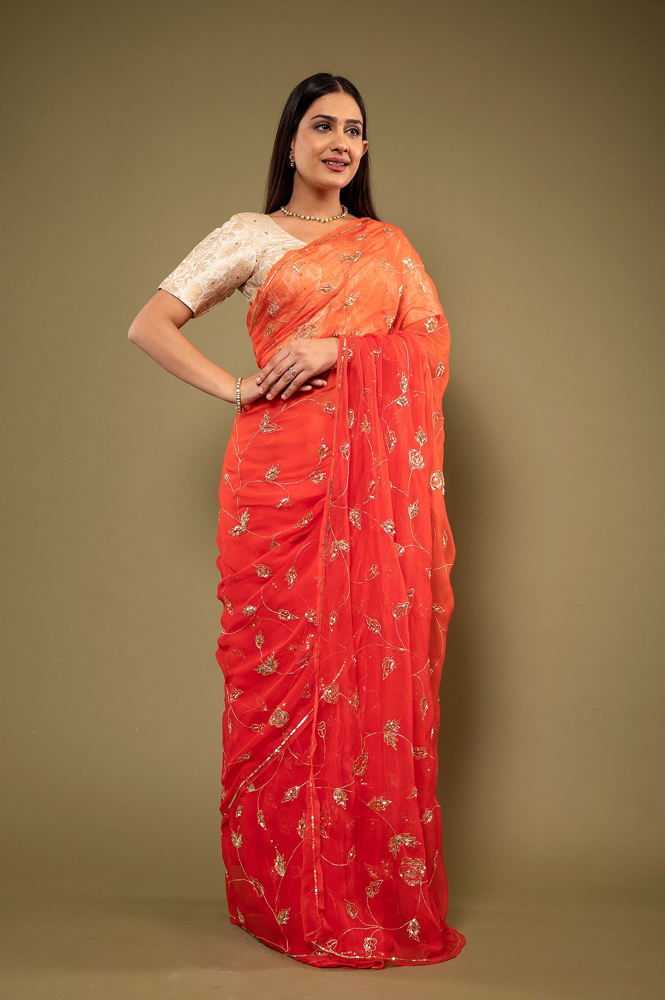Red light dark viscose chiffon aari sequins jaal handwork casual wear saree