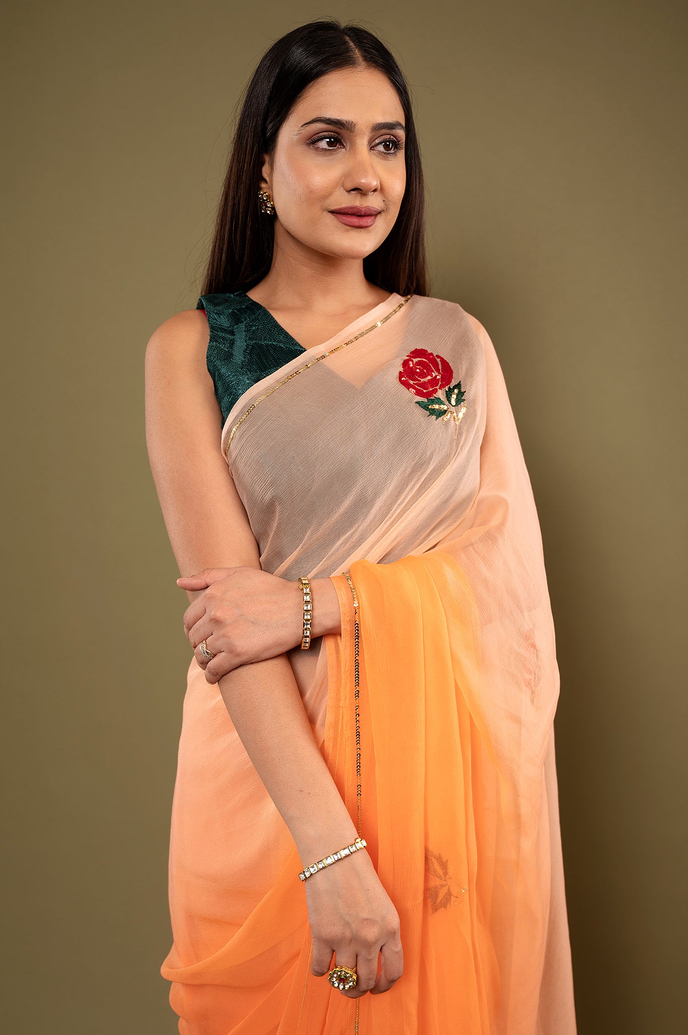 Peach light dark viscose chiffon sequins resham motif handwork casual wear saree