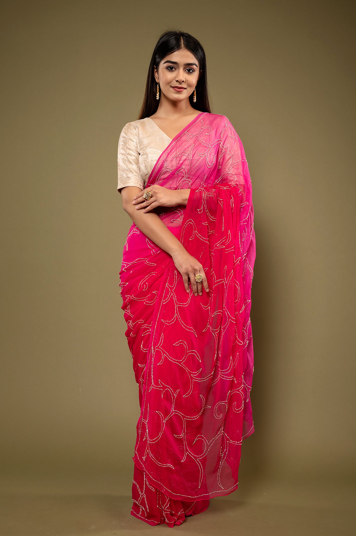 Rani viscose chiffon kardana jaal handwork casual wear saree