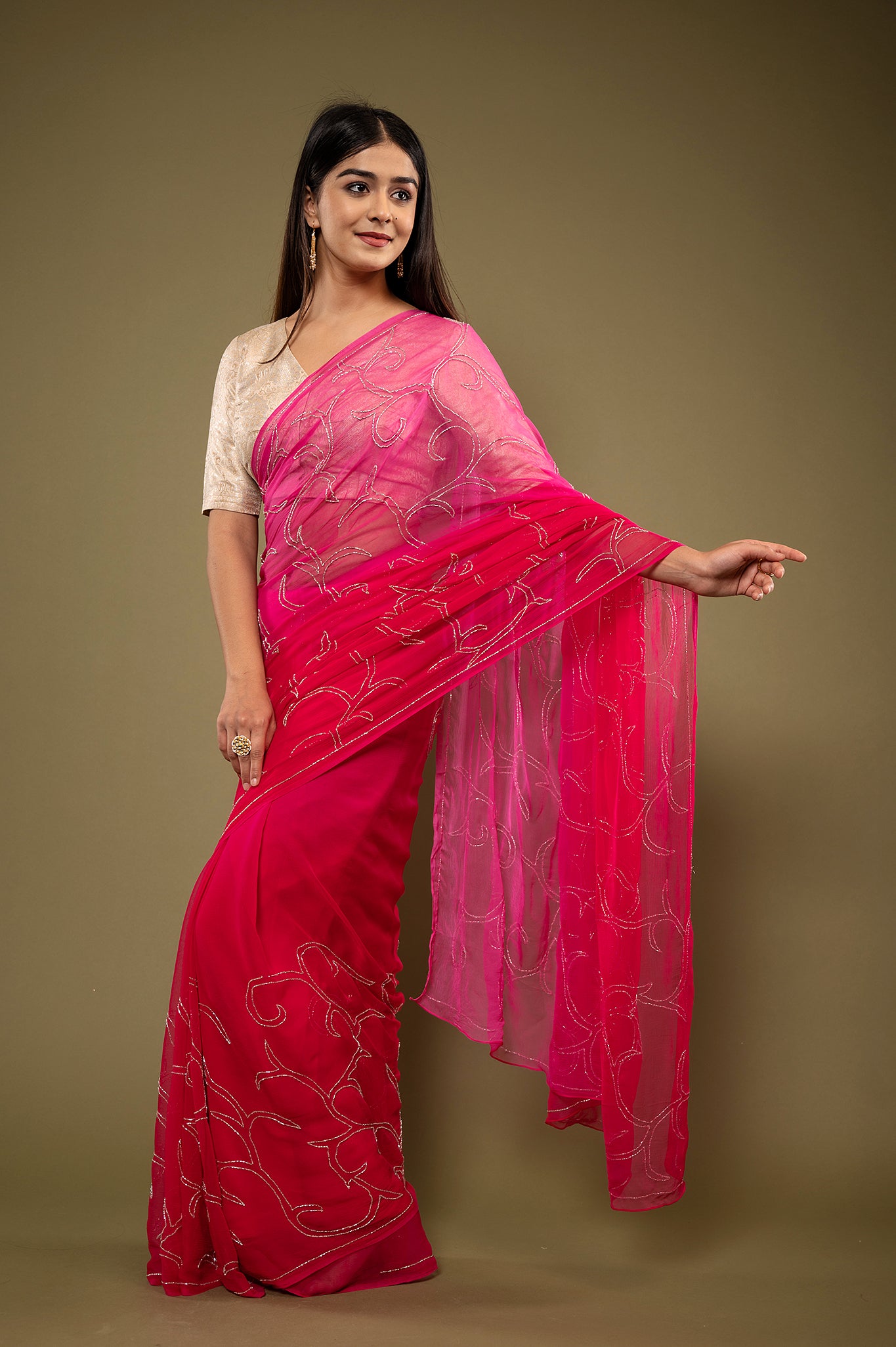 Rani viscose chiffon kardana jaal handwork casual wear saree