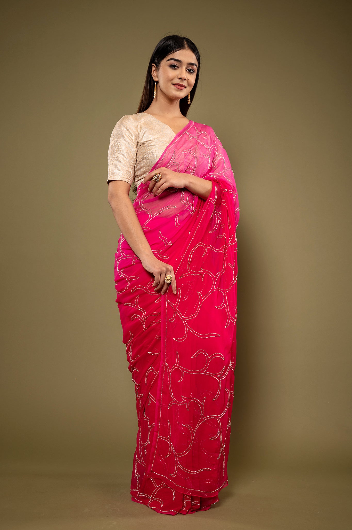 Rani viscose chiffon kardana jaal handwork casual wear saree