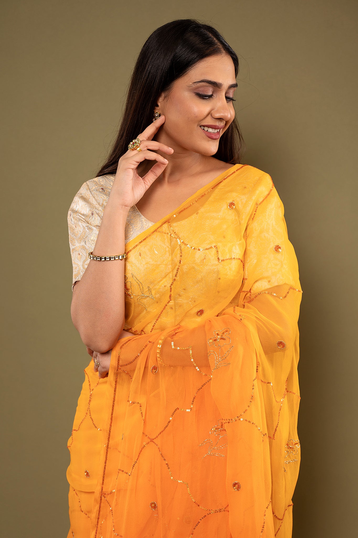 Orange light dark viscose chiffon sequins handwork casual wear saree