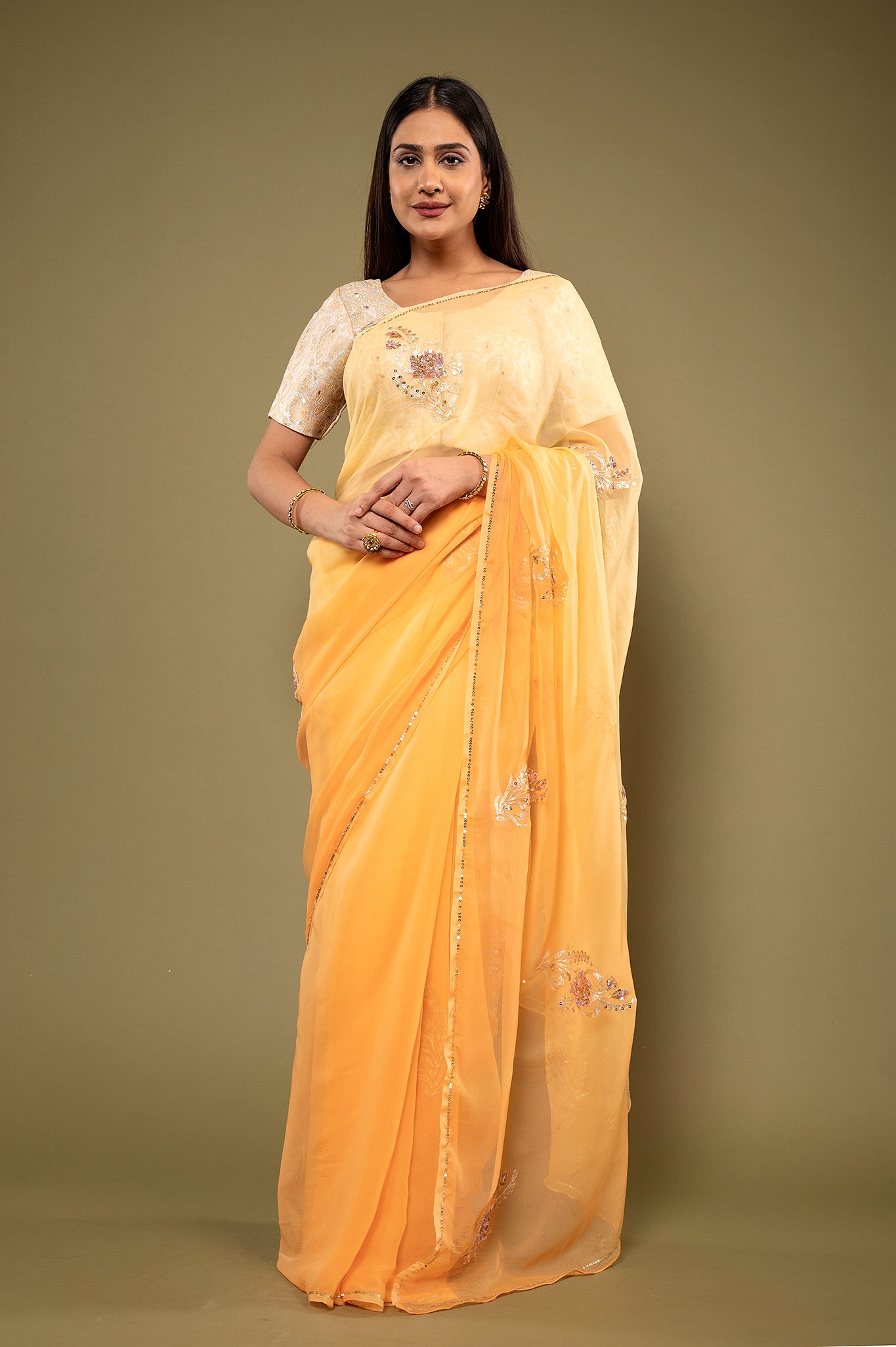 Peach light dark viscose chiffon aari sequins motif handwork casual wear saree