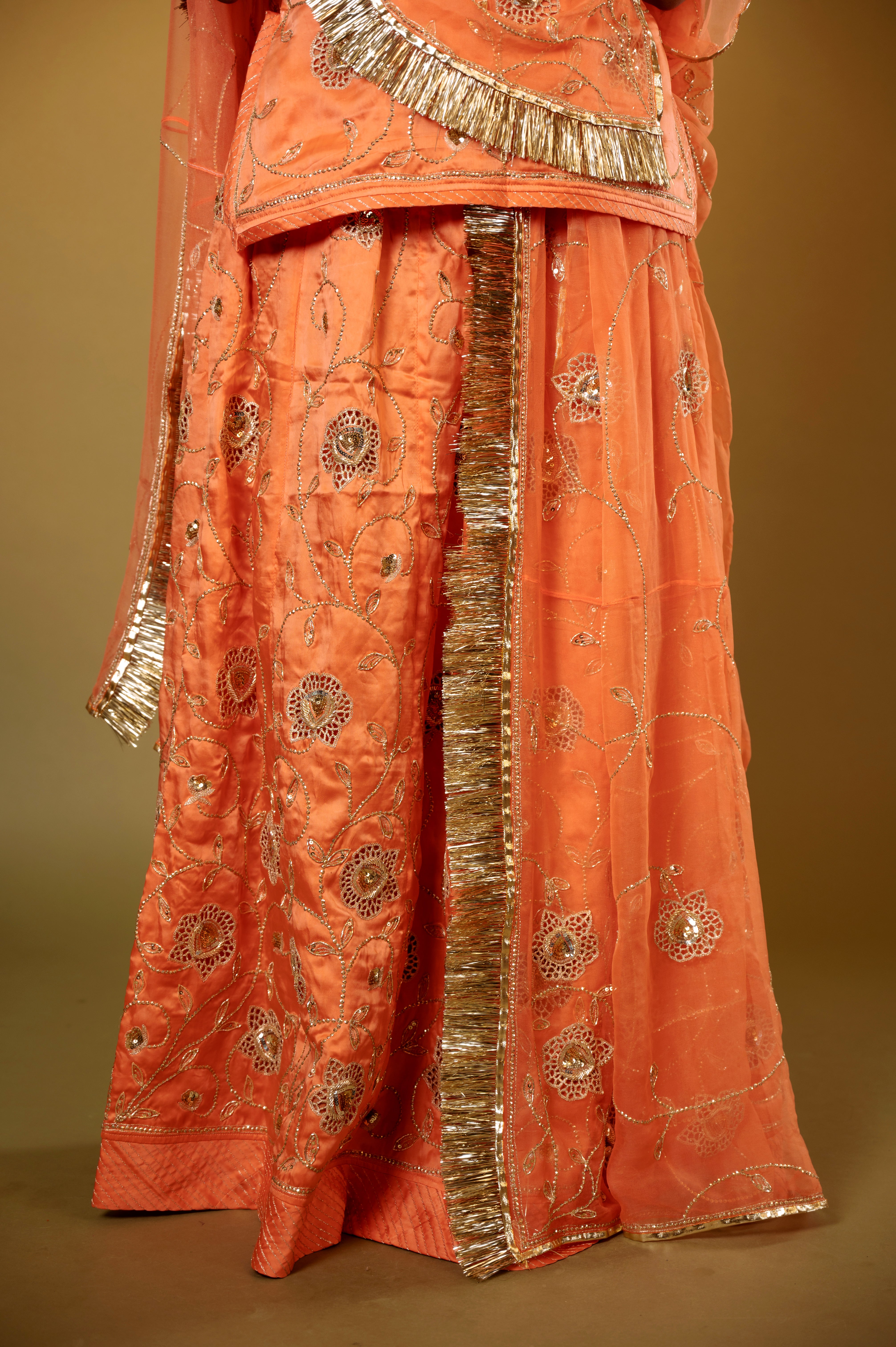 peach bamber satin aari katori cur work handwork Rajputi Poshak with Pure odhna