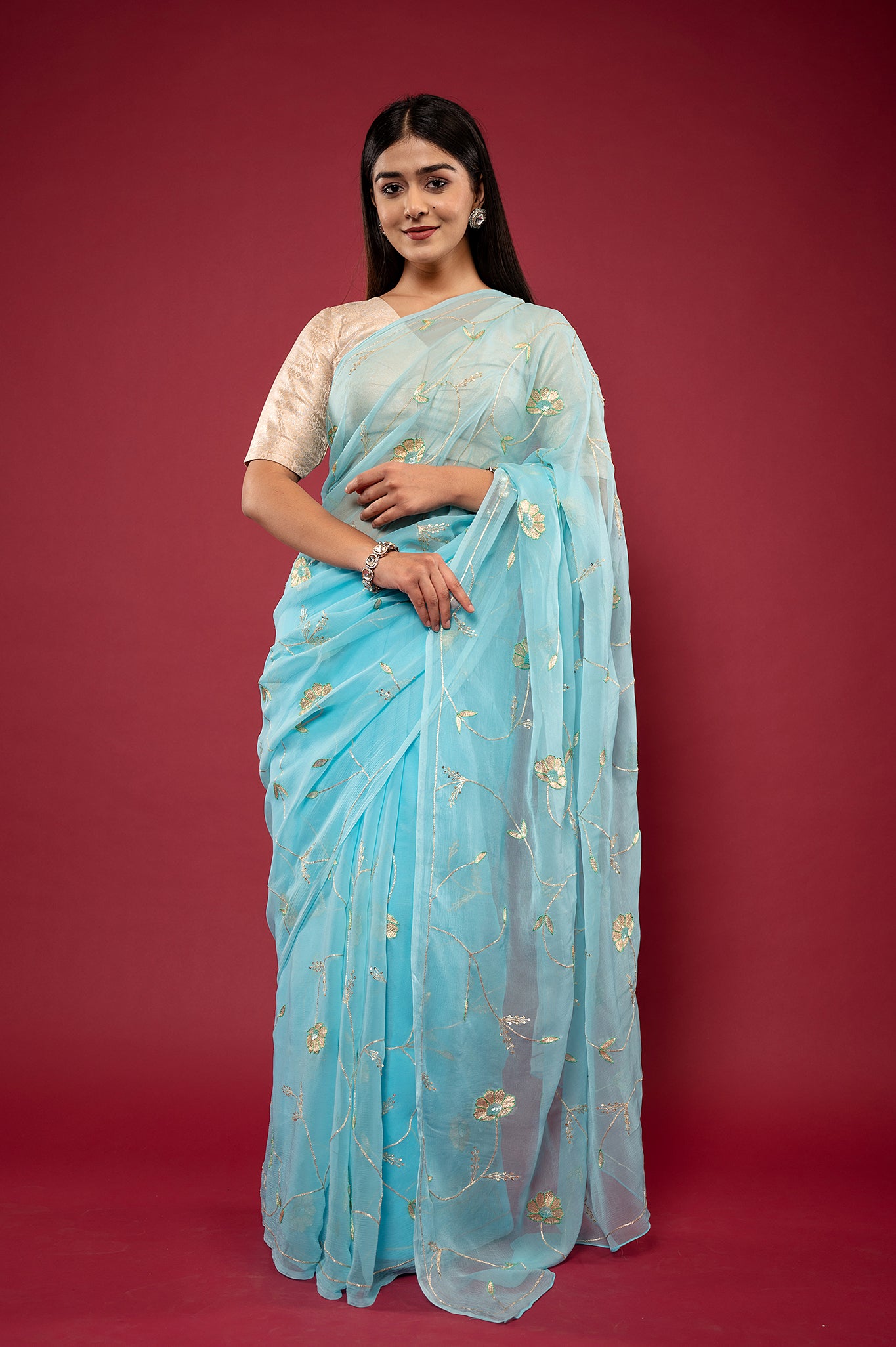 Sky blue light dark viscose chiffon aari sequins jaal handwork casual wear saree