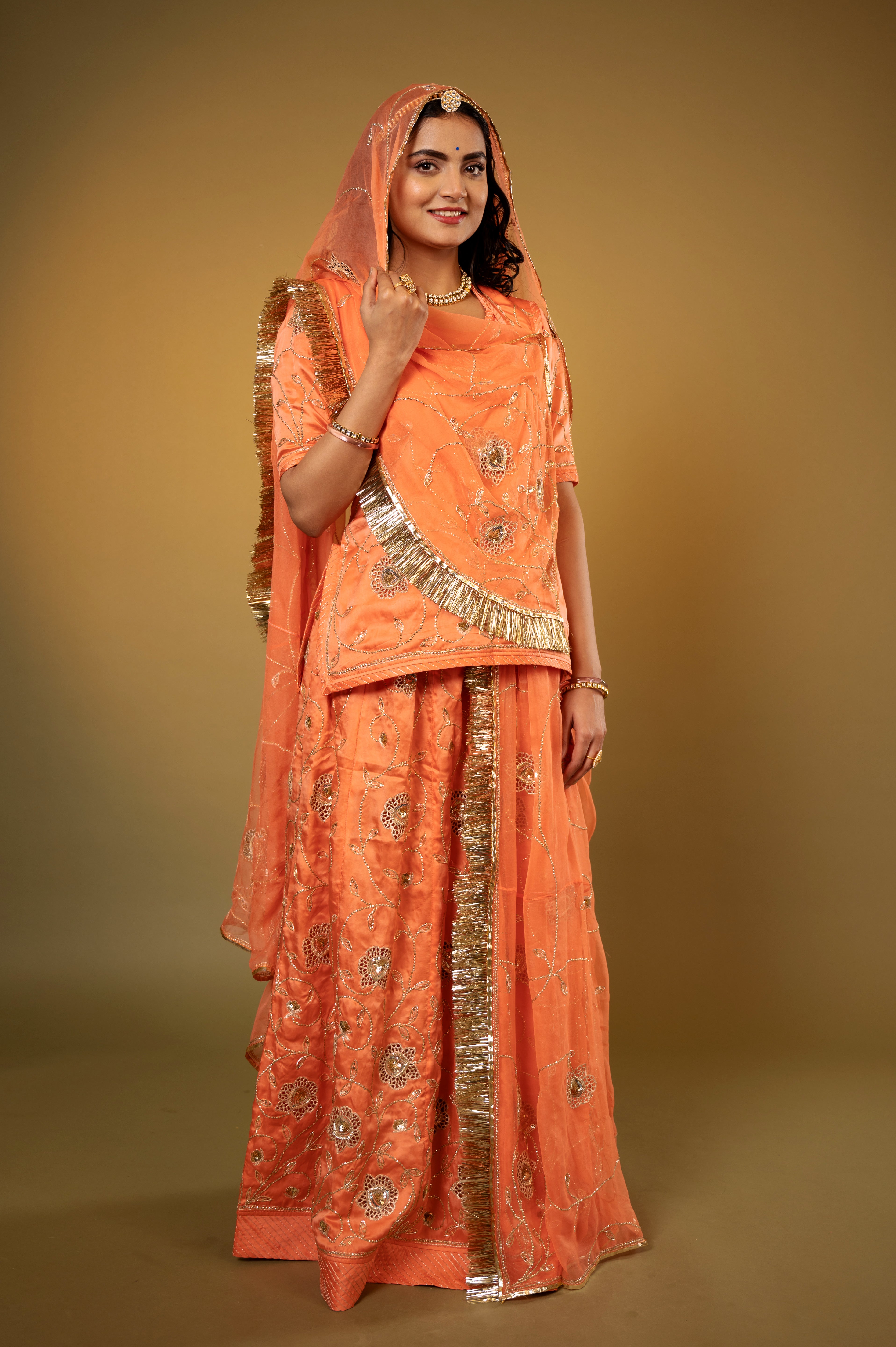 peach bamber satin aari katori cur work handwork Rajputi Poshak with Pure odhna