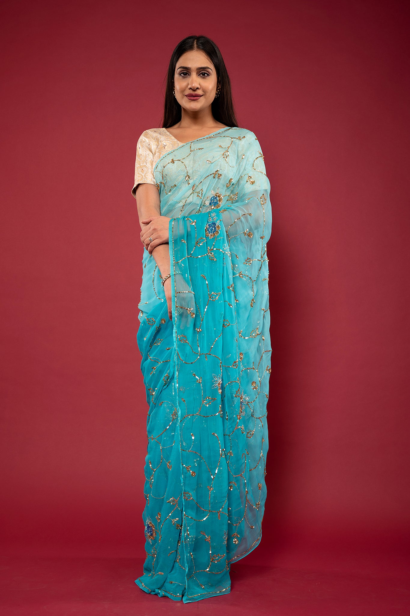 Sky Blue light dark viscose chiffon aari sequins jaal handwork party wear saree