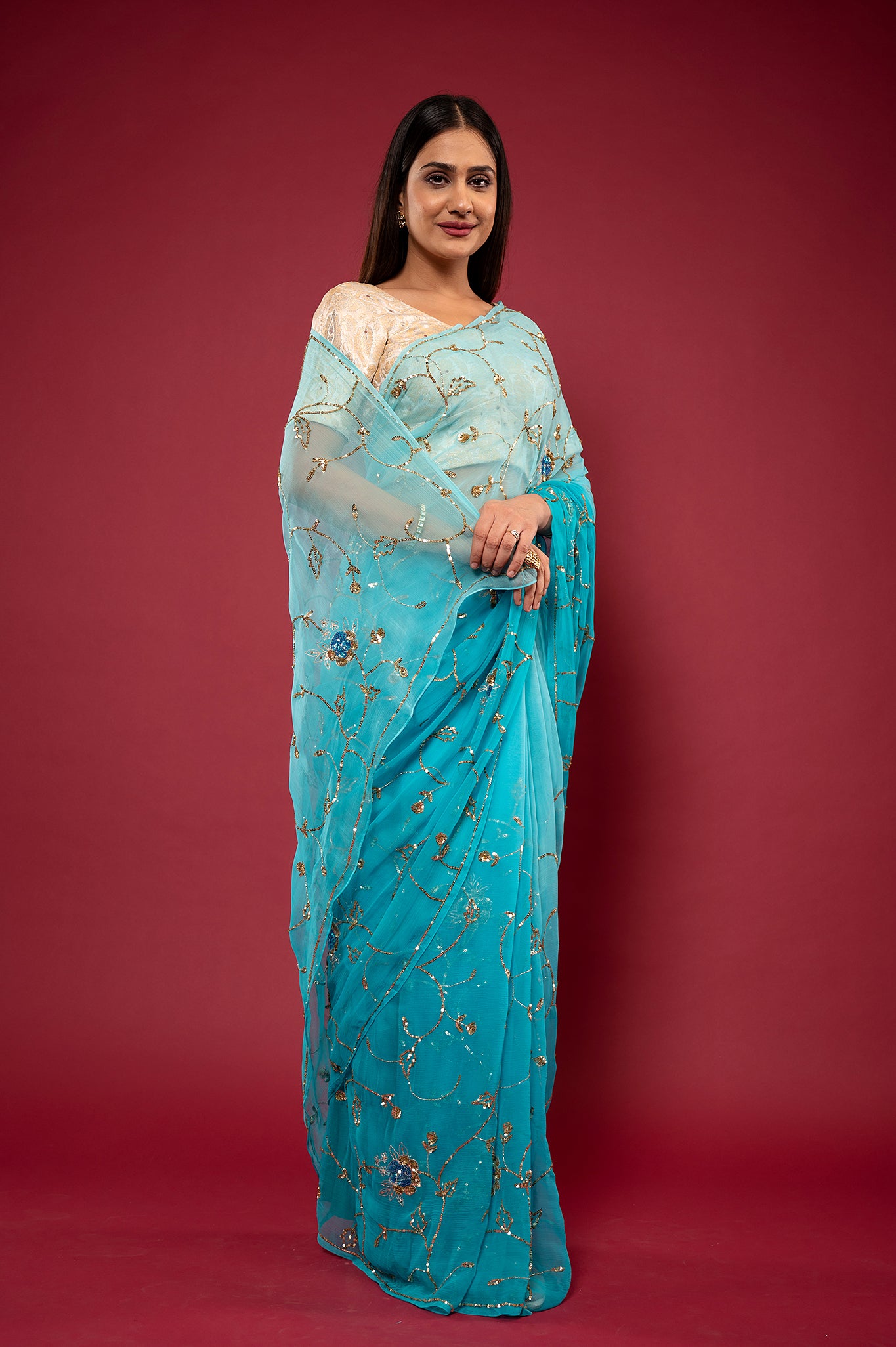 Sky Blue light dark viscose chiffon aari sequins jaal handwork party wear saree