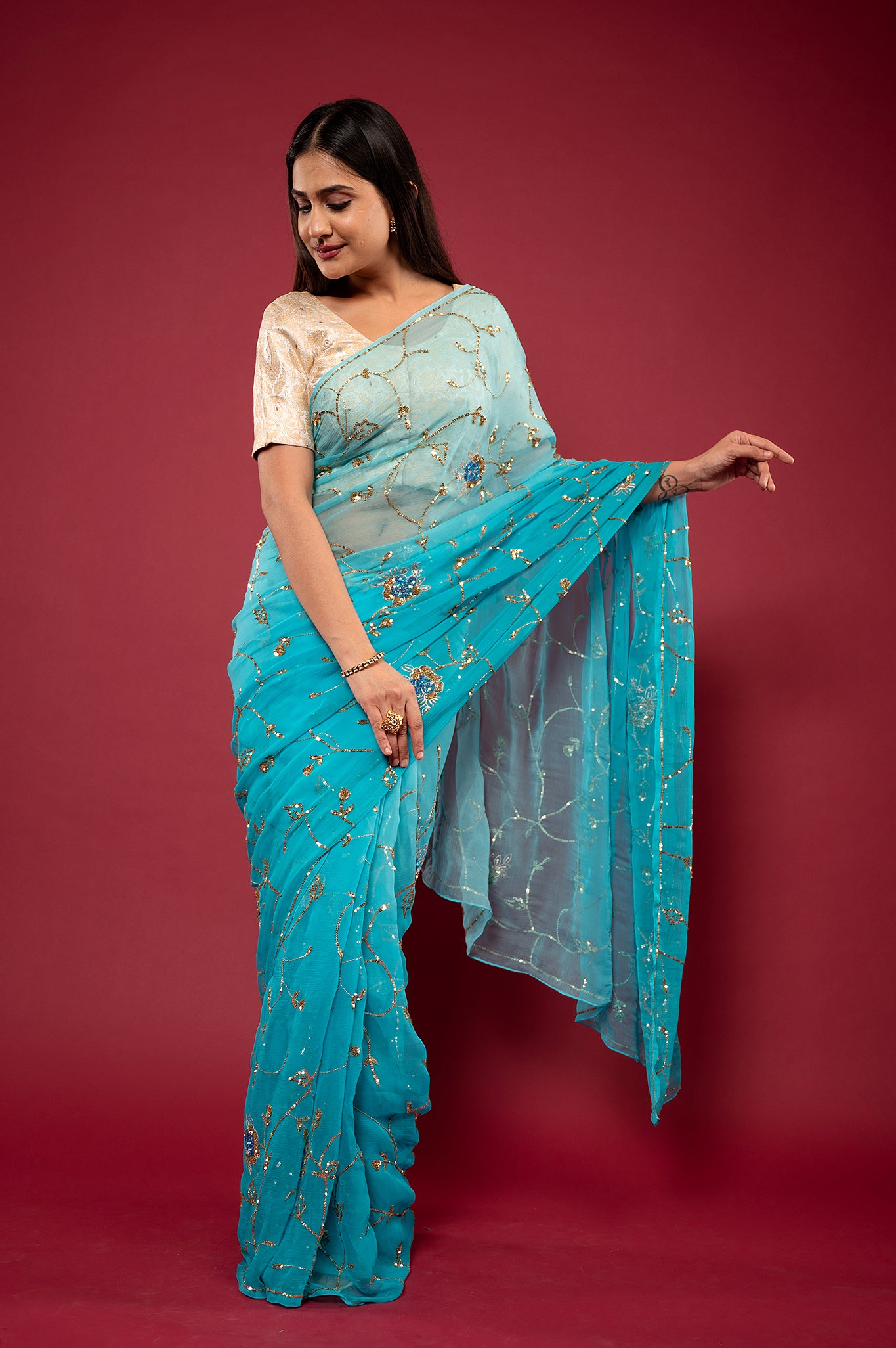 Sky Blue light dark viscose chiffon aari sequins jaal handwork party wear saree