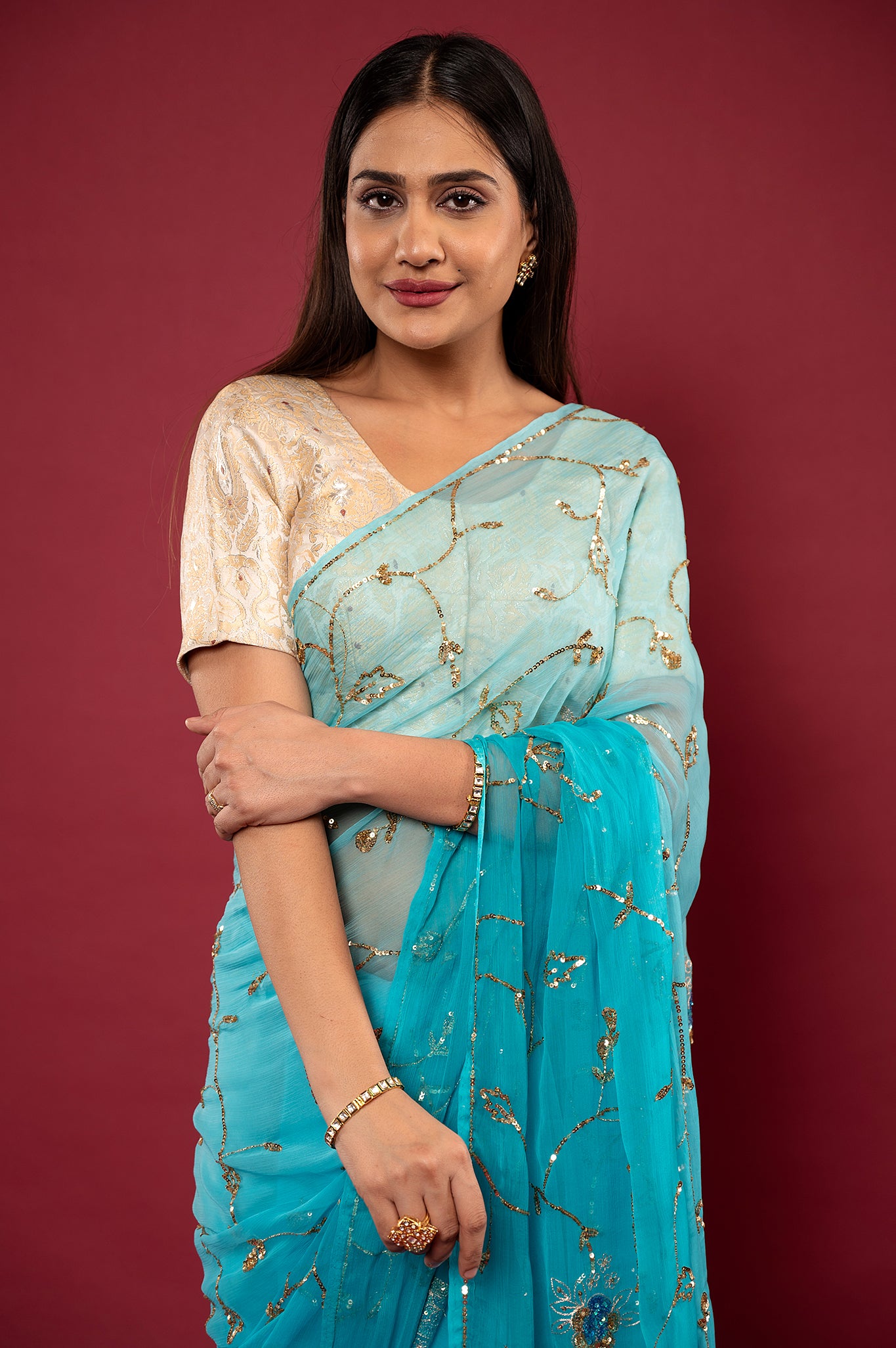 Sky Blue light dark viscose chiffon aari sequins jaal handwork party wear saree