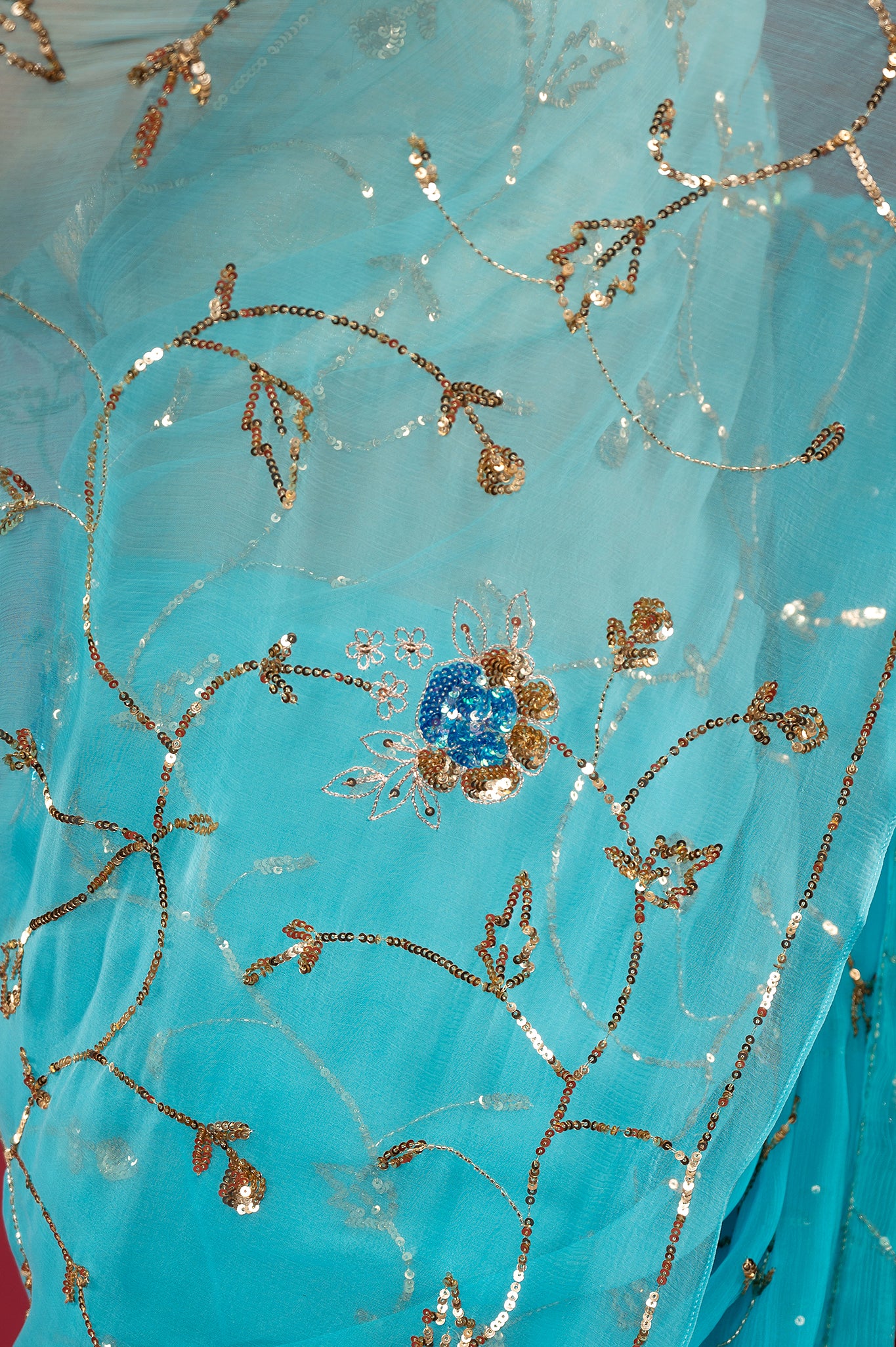 Sky Blue light dark viscose chiffon aari sequins jaal handwork party wear saree