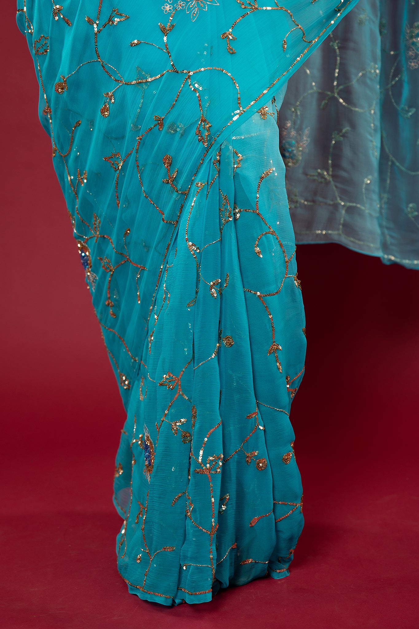 Sky Blue light dark viscose chiffon aari sequins jaal handwork party wear saree