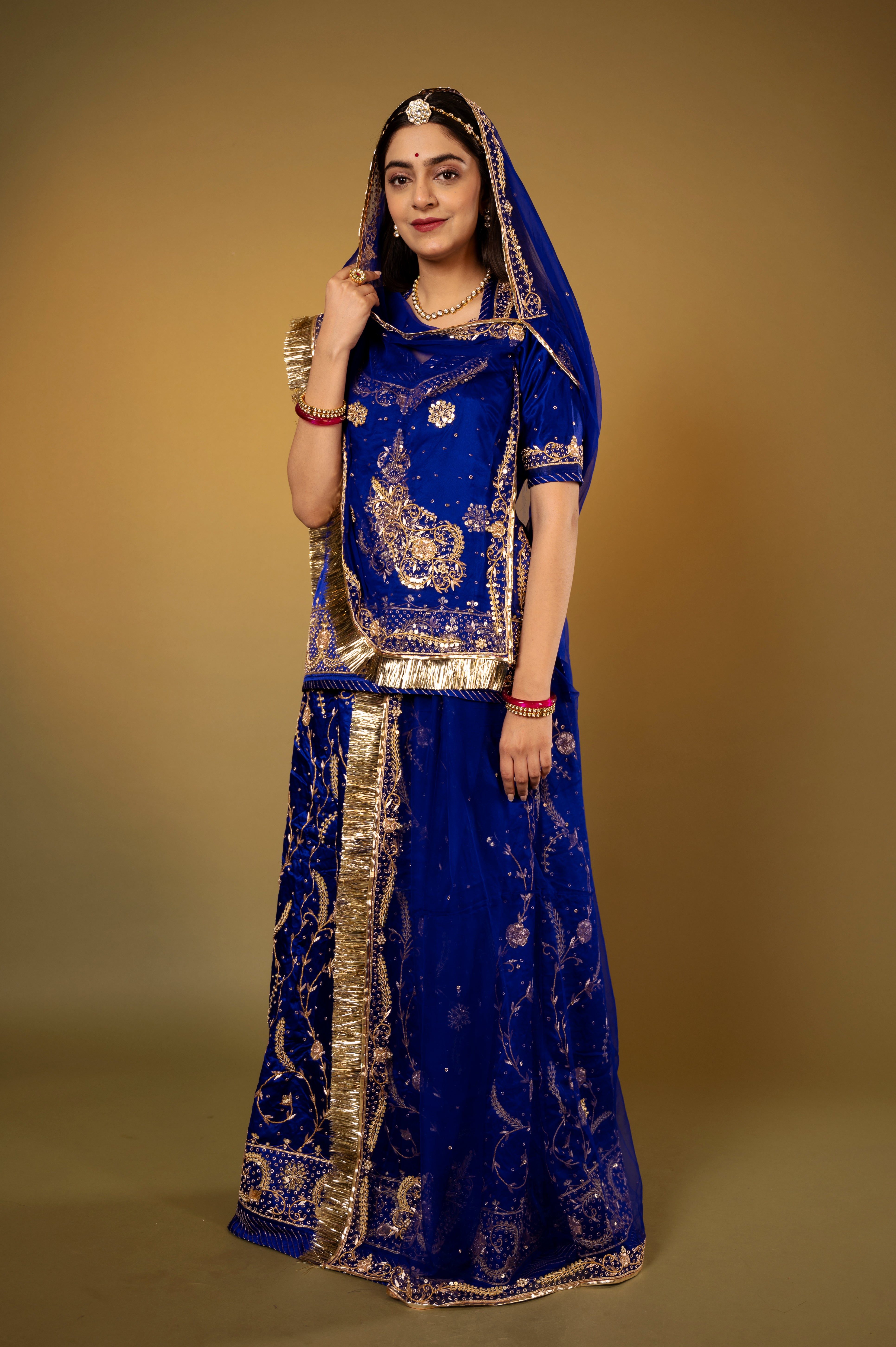 Royal Blue bamber satin kundan zardozi handwork Rajputi Poshak with Pure odhna