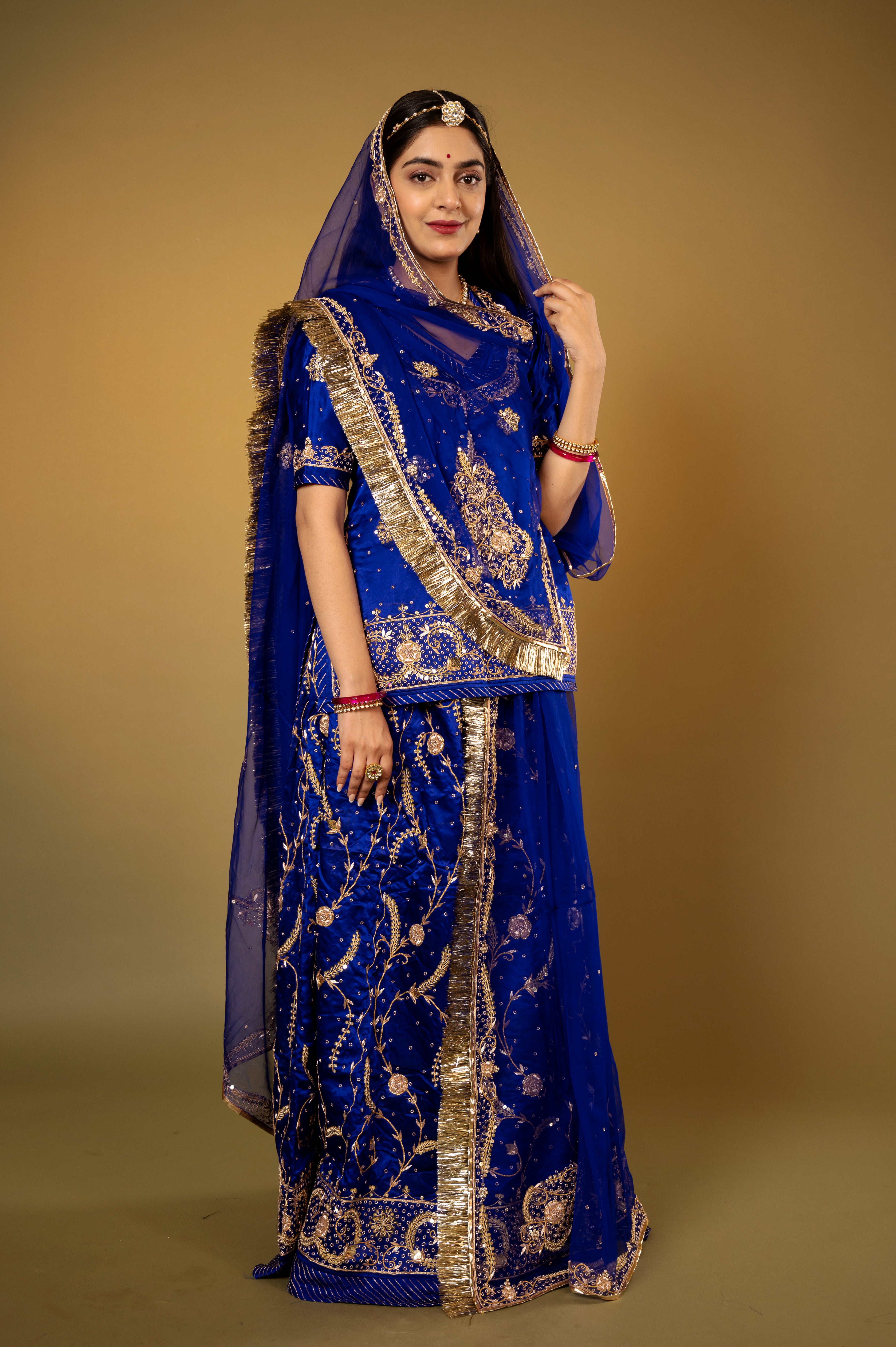 Royal Blue bamber satin kundan zardozi handwork Rajputi Poshak with Pure odhna