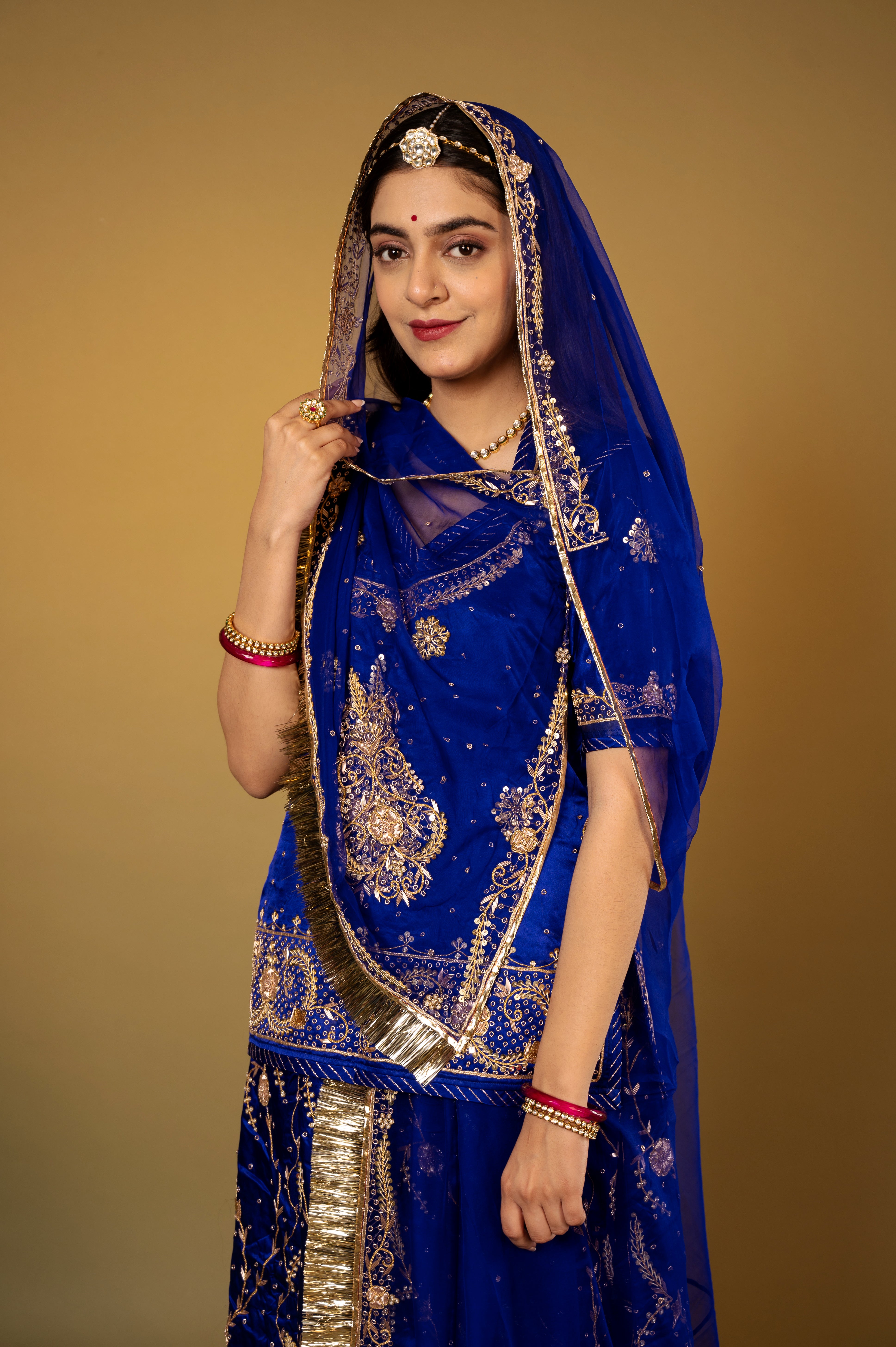 Royal Blue bamber satin kundan zardozi handwork Rajputi Poshak with Pure odhna