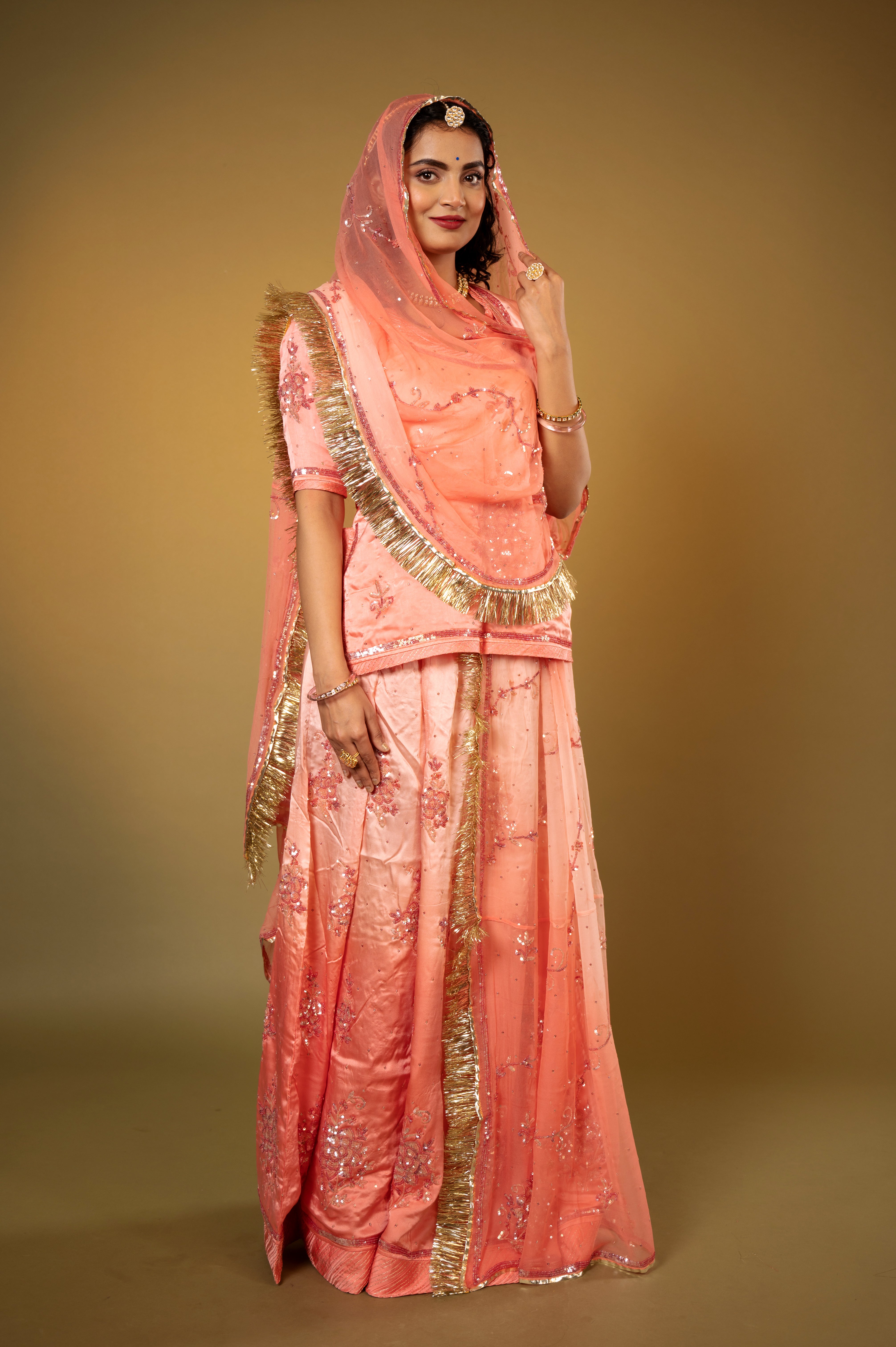 peach light dark bamber satin sequins handwork Rajputi Poshak with Pure odhna