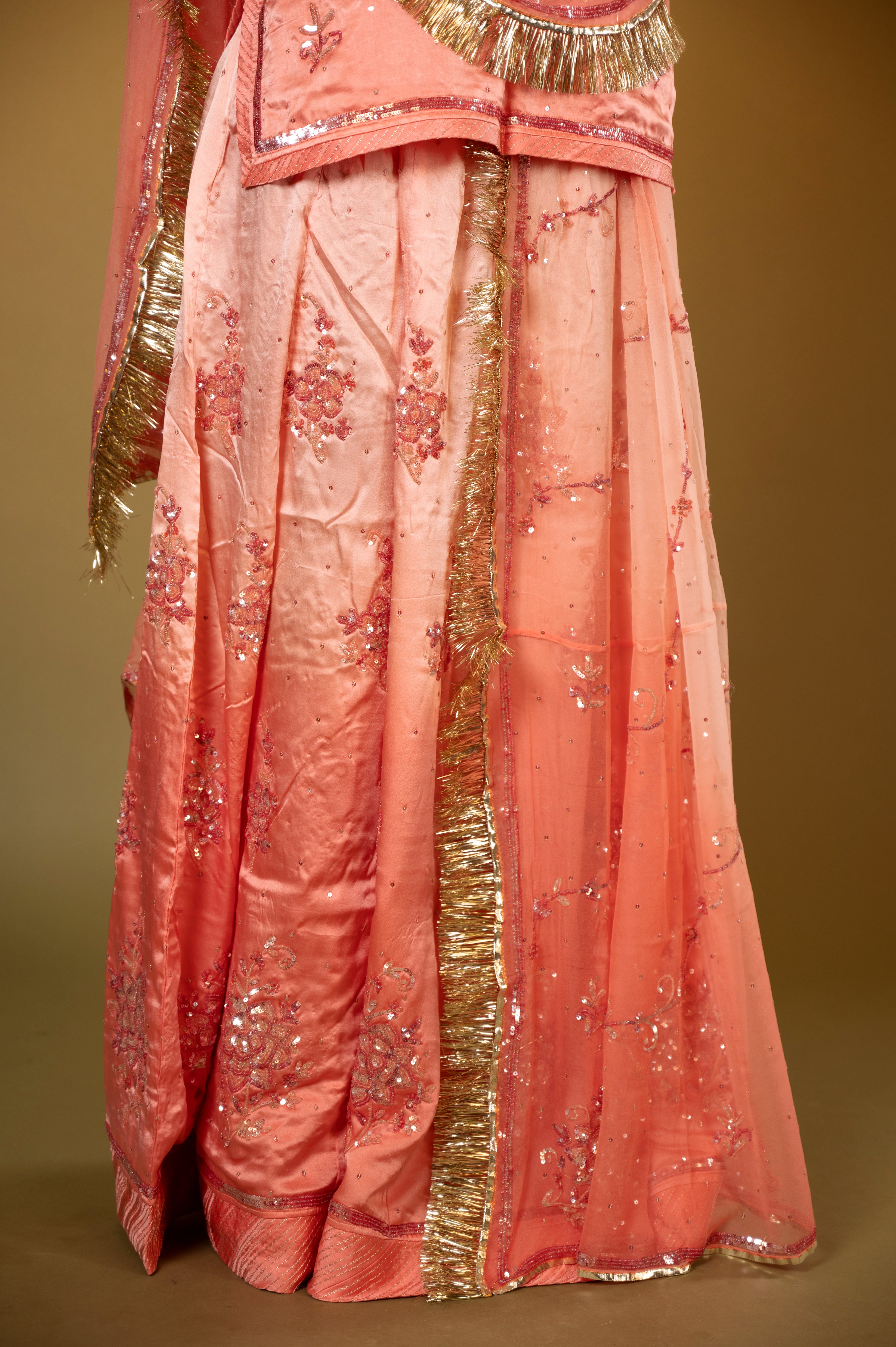 peach light dark bamber satin sequins handwork Rajputi Poshak with Pure odhna